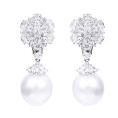 18 Karat Gold 14.04 Carat Diamond and Pearl Drop Earrings