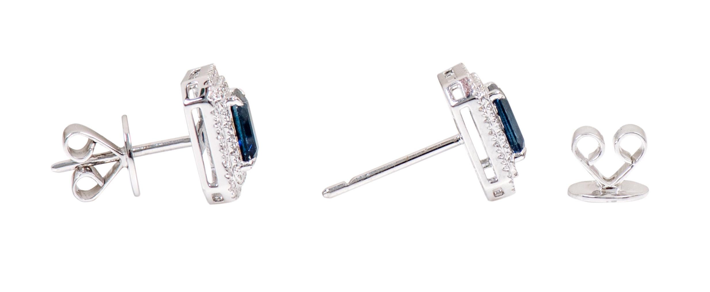 Emerald Cut 18 Karat Gold 1.41 Carat Sapphire and Diamond Double Cluster Stud Earrings