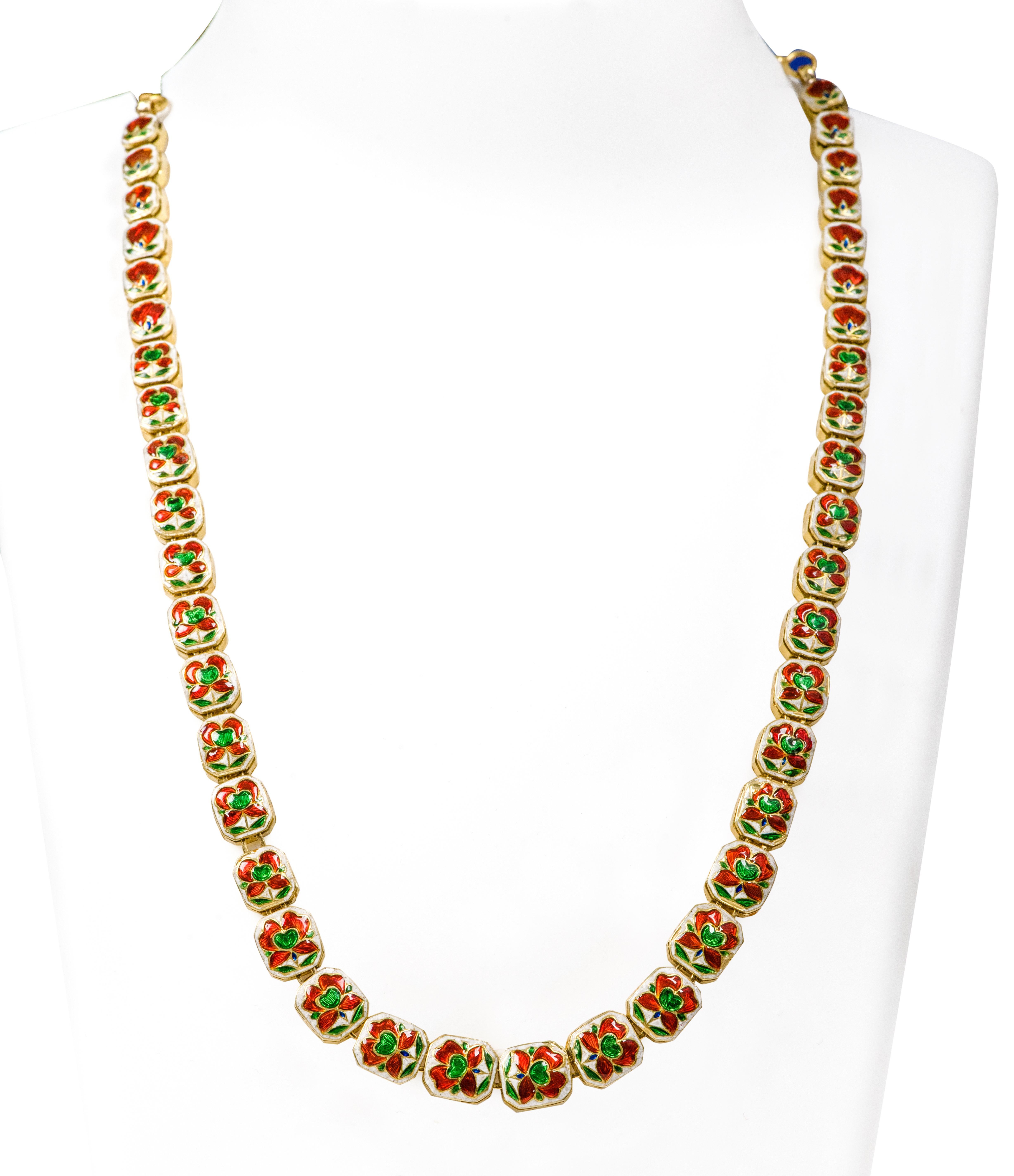 Uncut 18 Karat Gold 14.13 Carats Diamond Necklace Handcrafted with Multi-Color Enamel For Sale