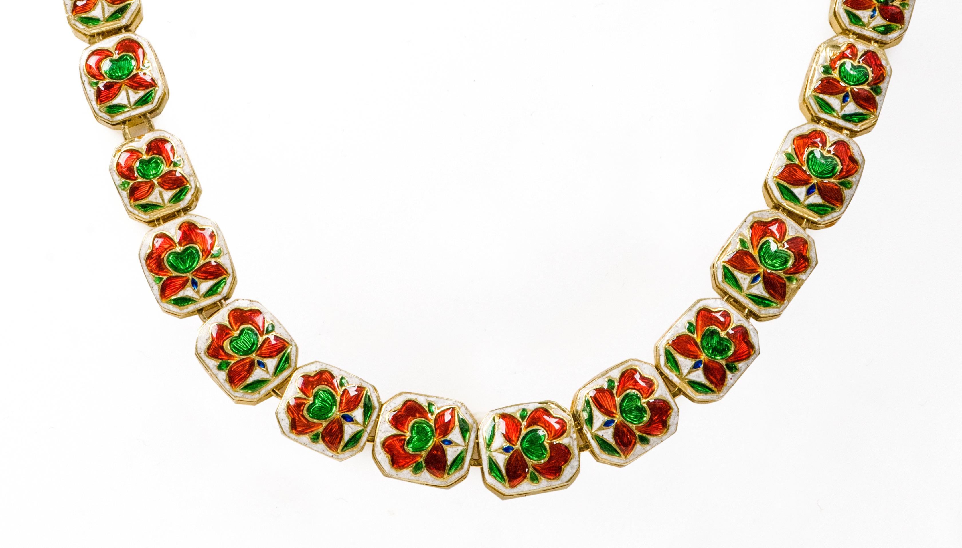 Women's 18 Karat Gold 14.13 Carats Diamond Necklace Handcrafted with Multi-Color Enamel For Sale