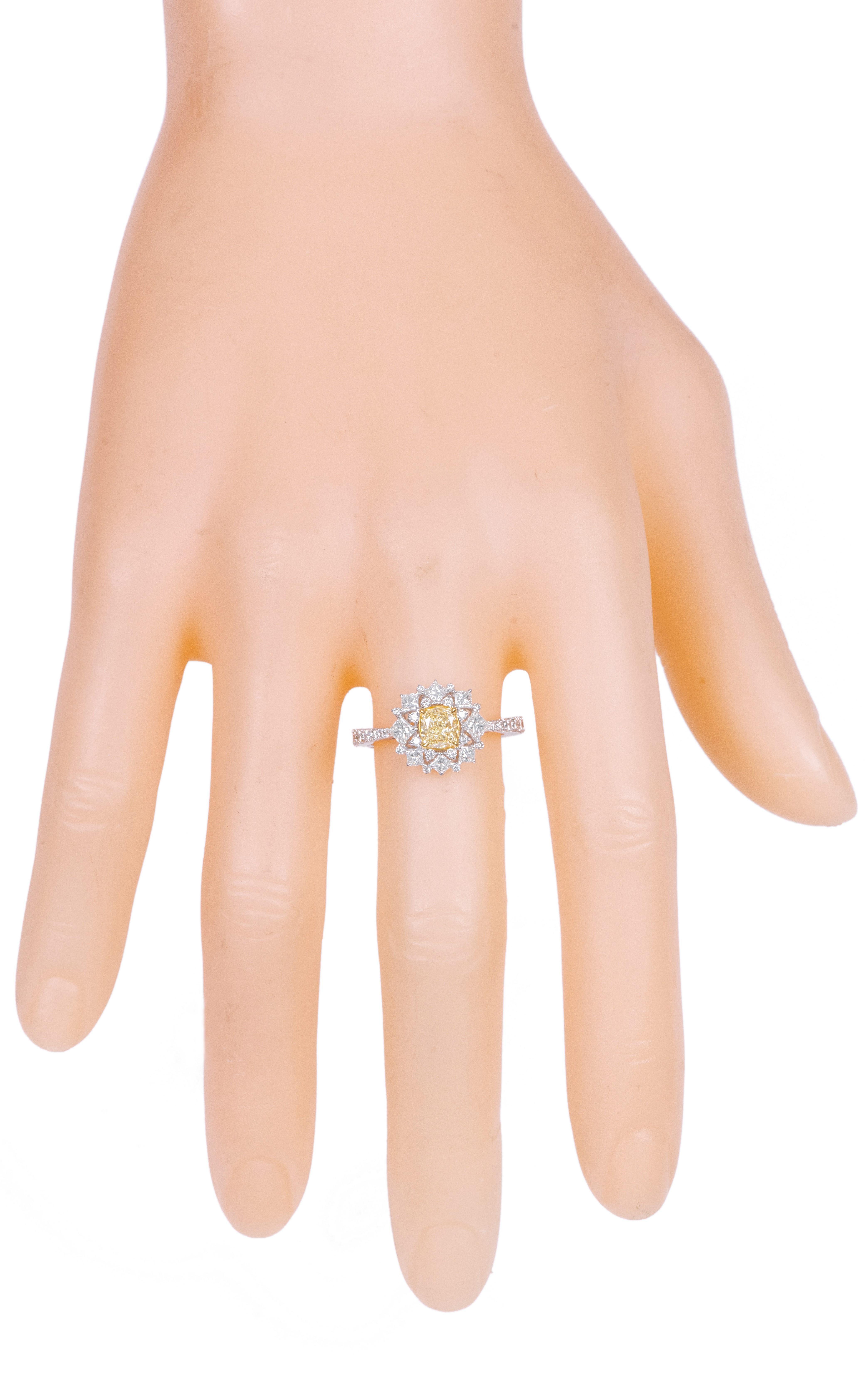 Modern 18 Karat Gold 1.48 Carat Fancy Yellow Diamond and Diamond Cocktail Ring For Sale