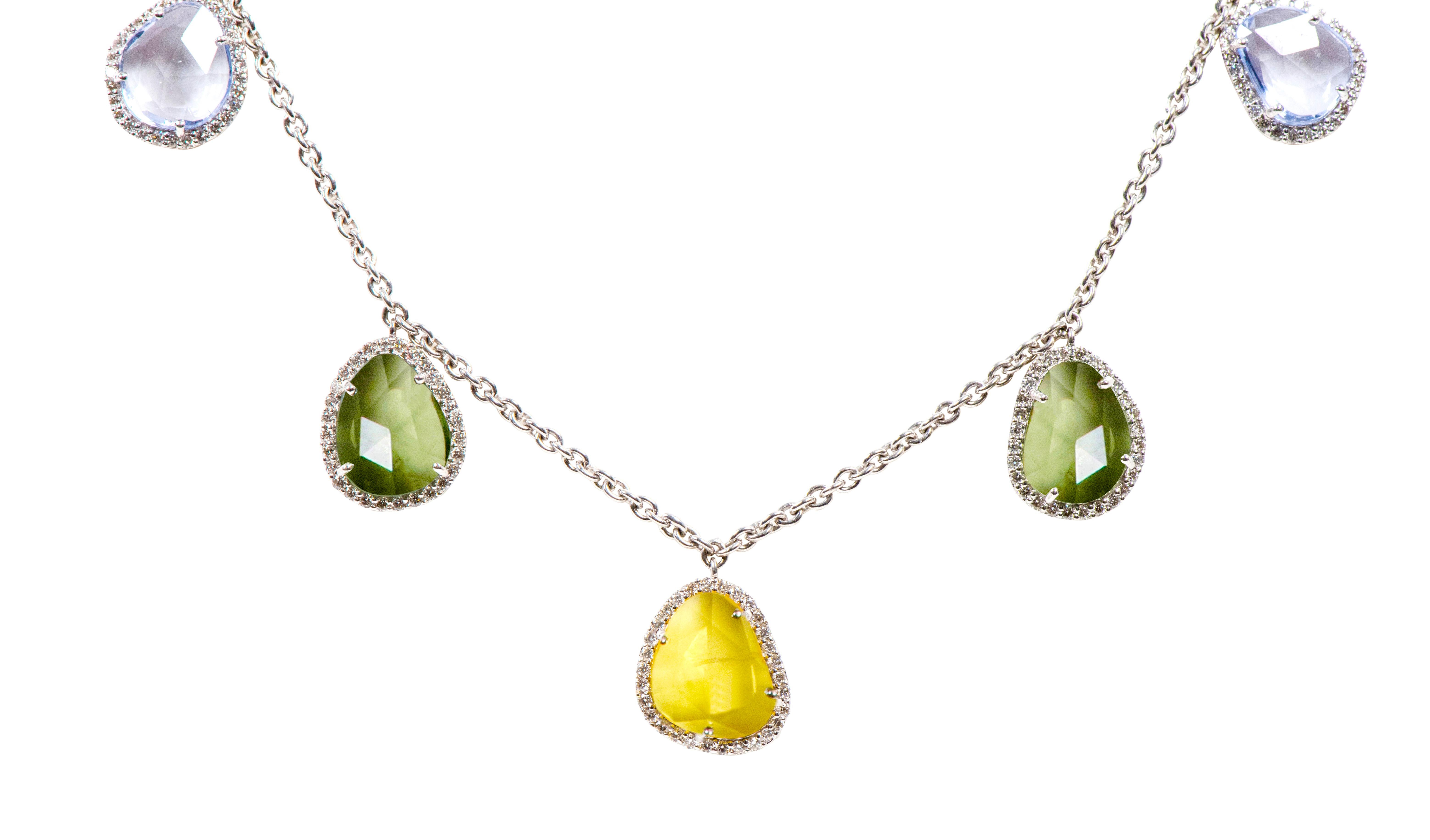 Contemporary 18 Karat Gold 14.86 Carat Multi-Color Sapphire and Diamond Drop Link Necklace For Sale