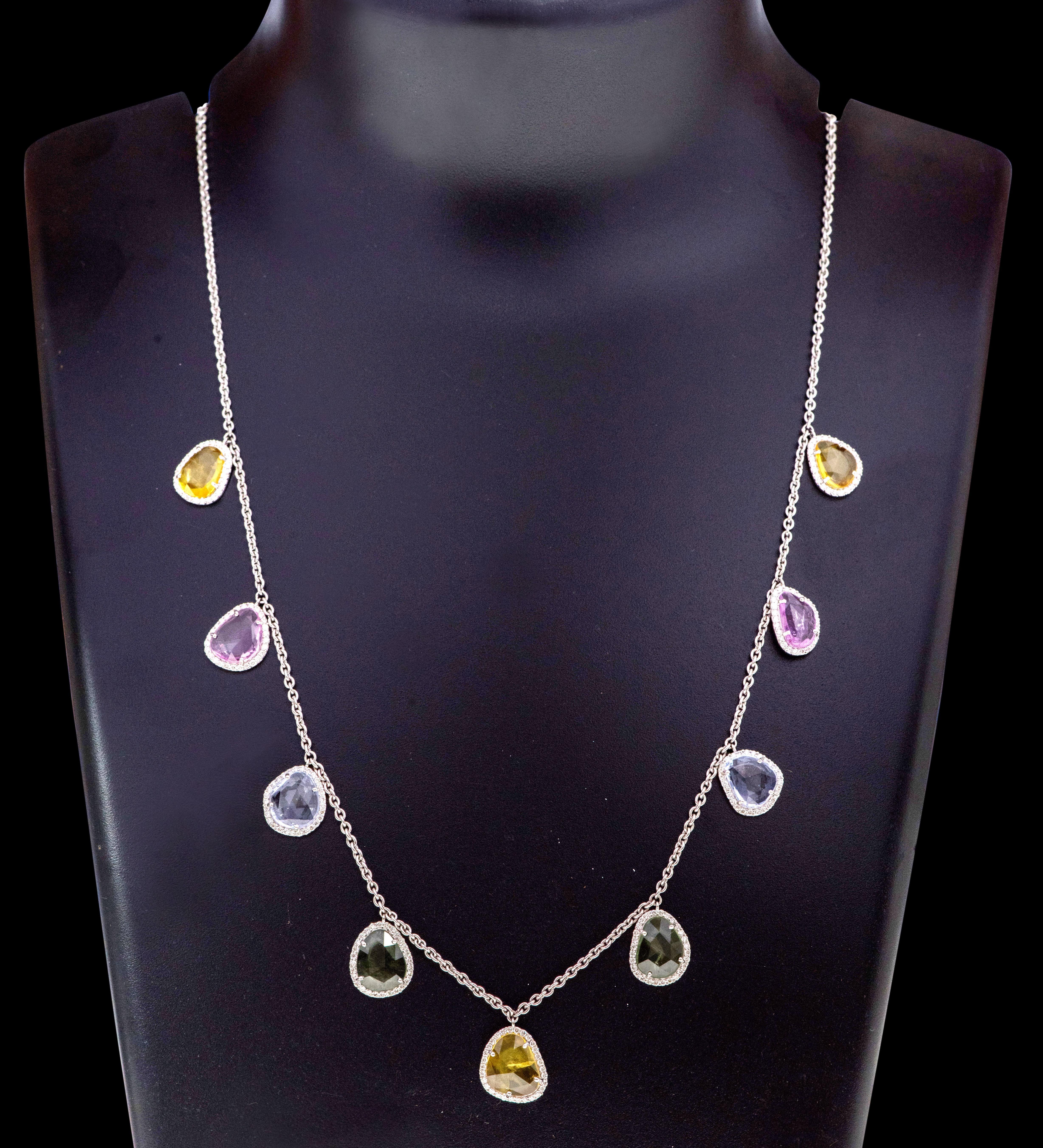 Rose Cut 18 Karat Gold 14.86 Carat Multi-Color Sapphire and Diamond Drop Link Necklace For Sale