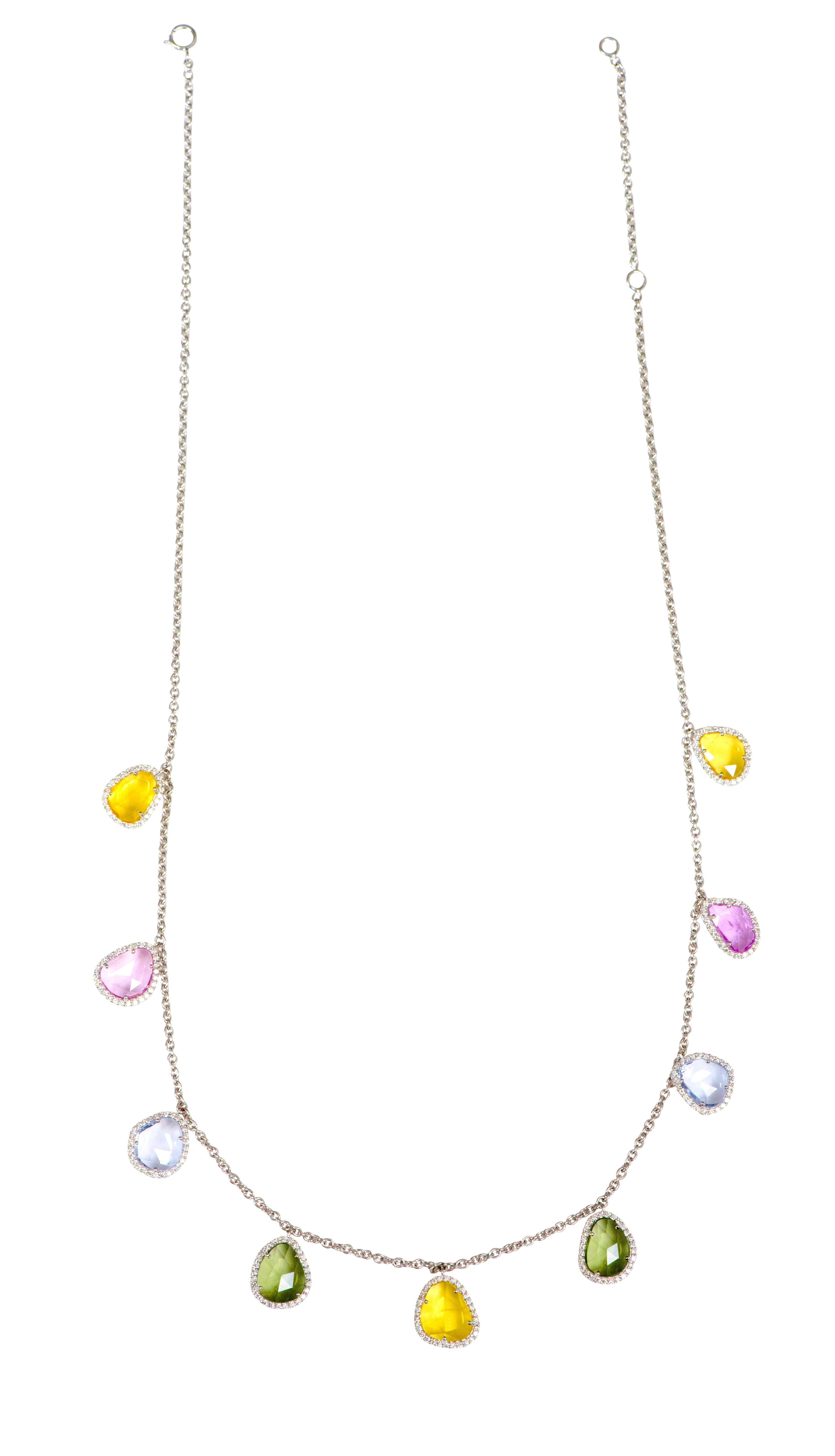 Women's 18 Karat Gold 14.86 Carat Multi-Color Sapphire and Diamond Drop Link Necklace For Sale