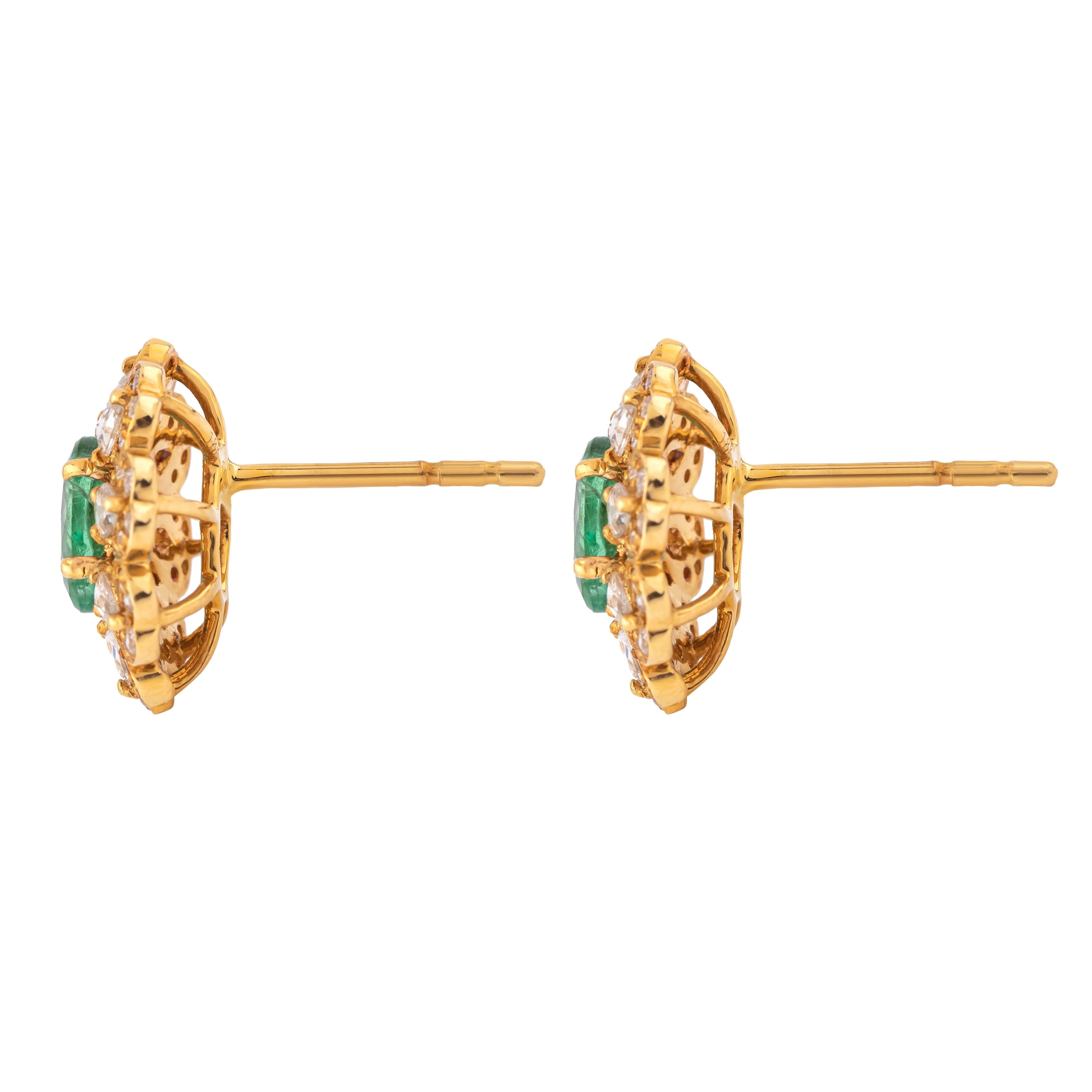 Imbued with exquisite craftsmanship and adorned with natural beauty, our 18 Karat Gold 1.49 Carat Diamond & Emerald Flower Stud Earrings exude timeless elegance and sophistication. Each pair is meticulously crafted and curated to embody the essence