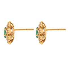 18 Karat Gold 1.49 Carat Diamond & Emerald Flower Stud Earrings
