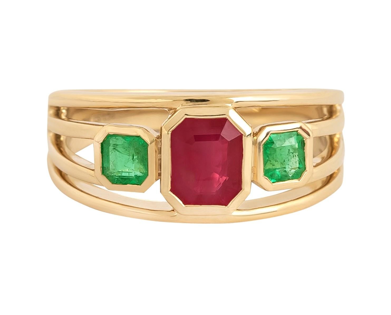 Contemporary 18 Karat Gold 1.51 Carat Emerald and Ruby 