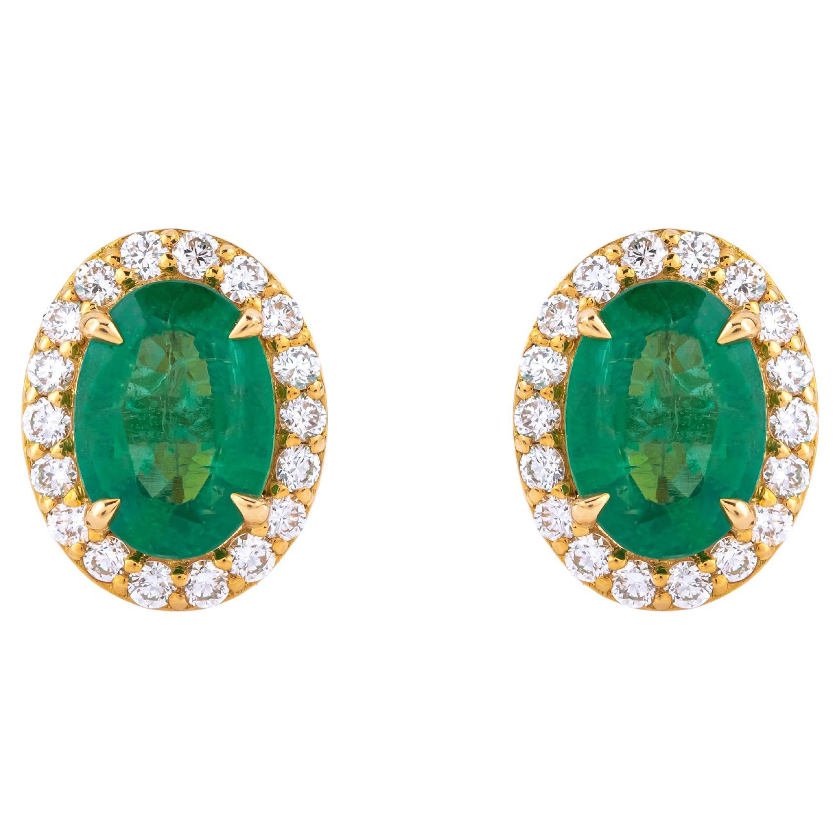 18 Karat Gold 1.51 Carat Emerald & Diamond Stud Earrings
