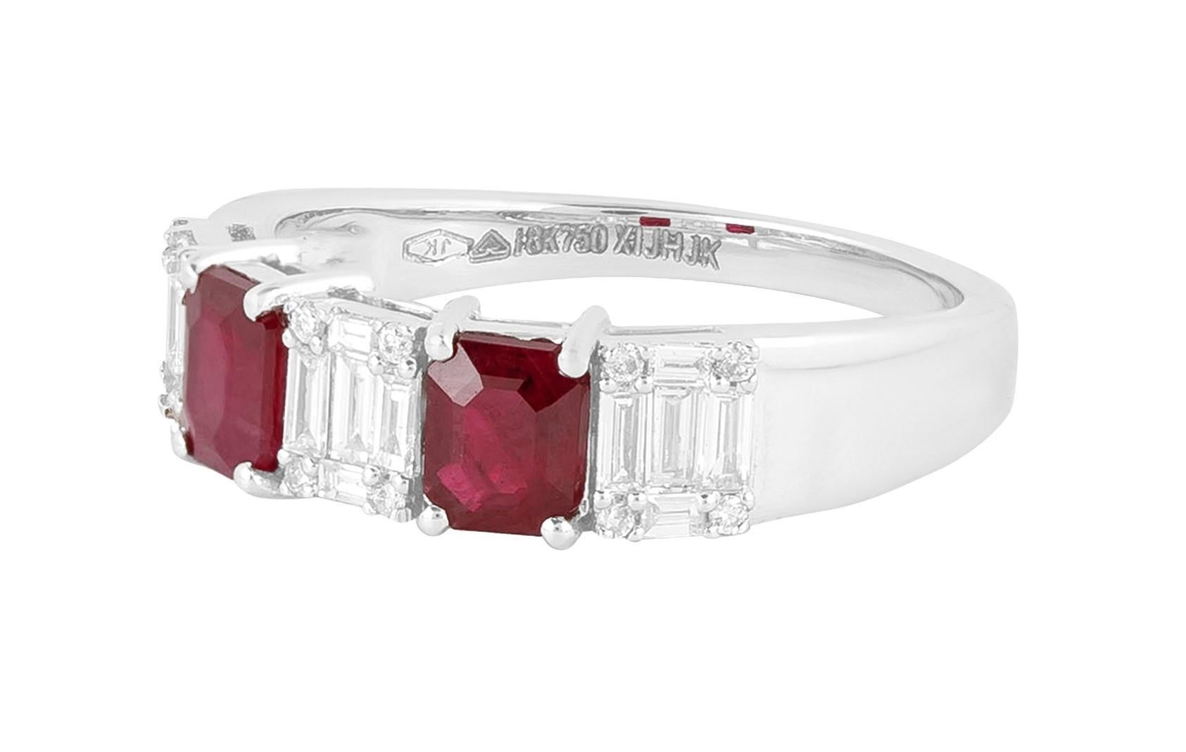 Emerald Cut 18 Karat Gold 1.54 Carat Diamond and Ruby Cluster Statement Ring  For Sale