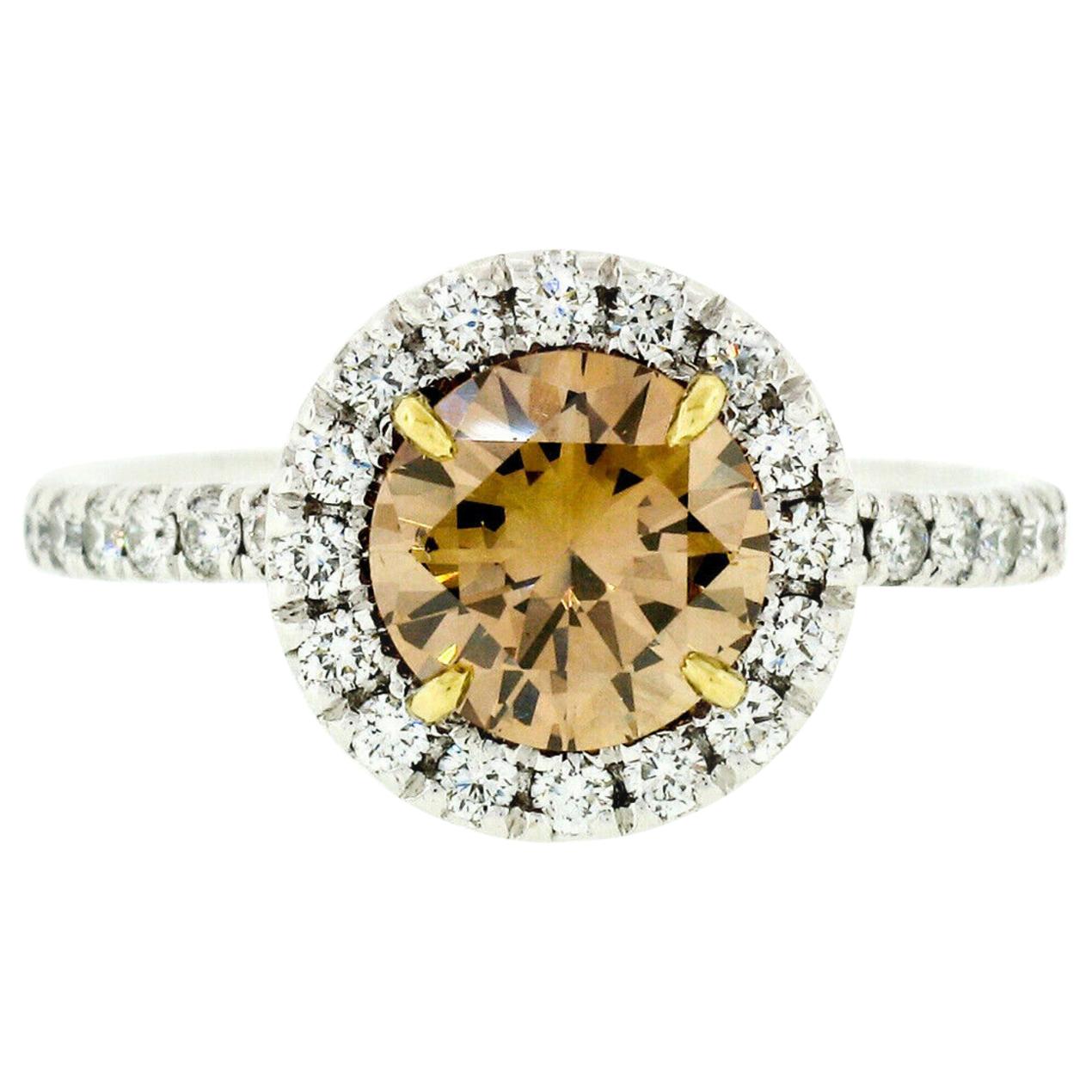 18 Karat Gold 1.56 Carat GIA Fancy Orange Brown Diamond Solitaire Halo Ring For Sale