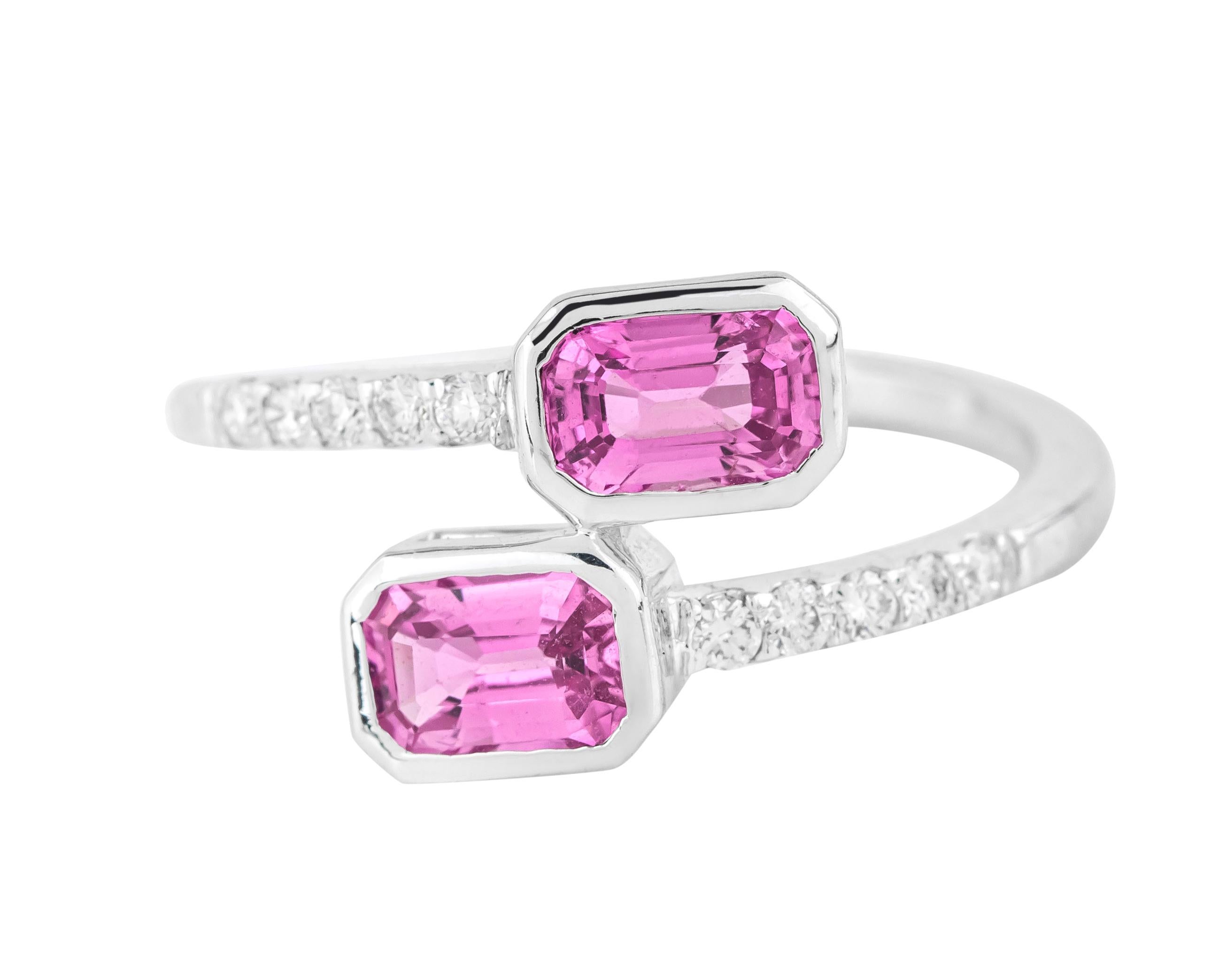 Antique Cushion Cut 18 Karat Gold 1.57 Carat Diamond and Pink Sapphire Two Stone Ring For Sale