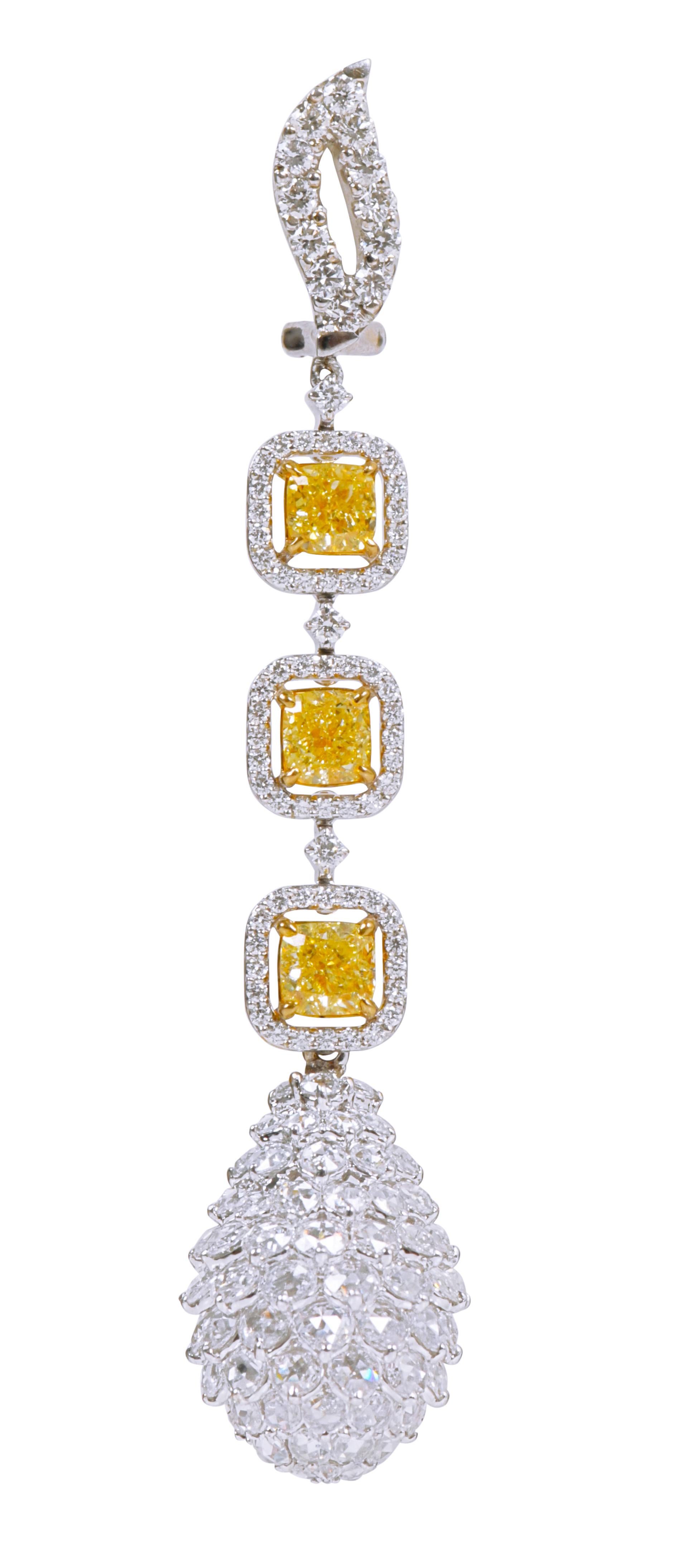 Contemporary 18 Karat Gold 15.72 Carat Yellow and White Diamond Pineapple Drop Earrings For Sale
