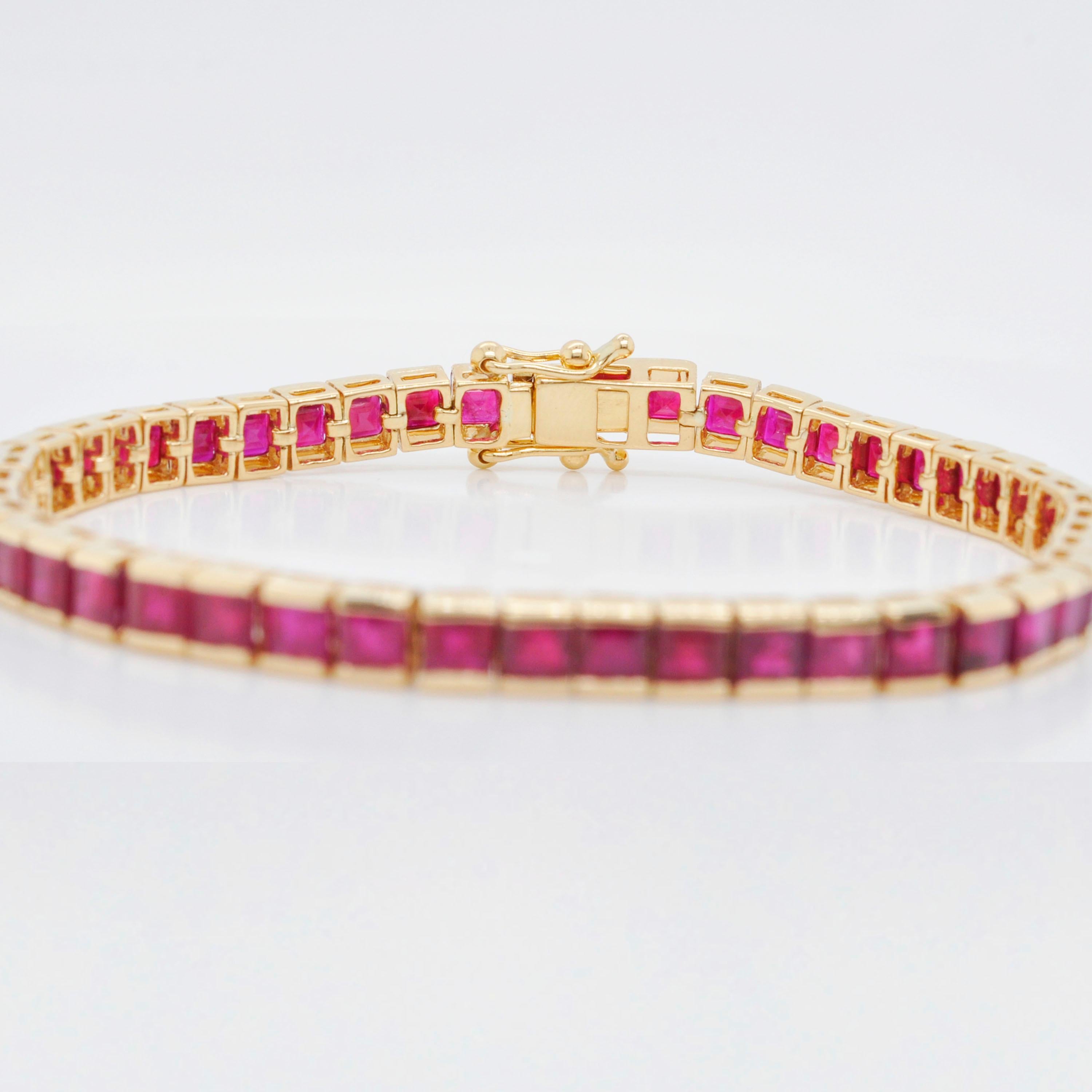 18 Karat Gold 15.93 Carat Square Mozambique Ruby Tennis Line Bracelet 1