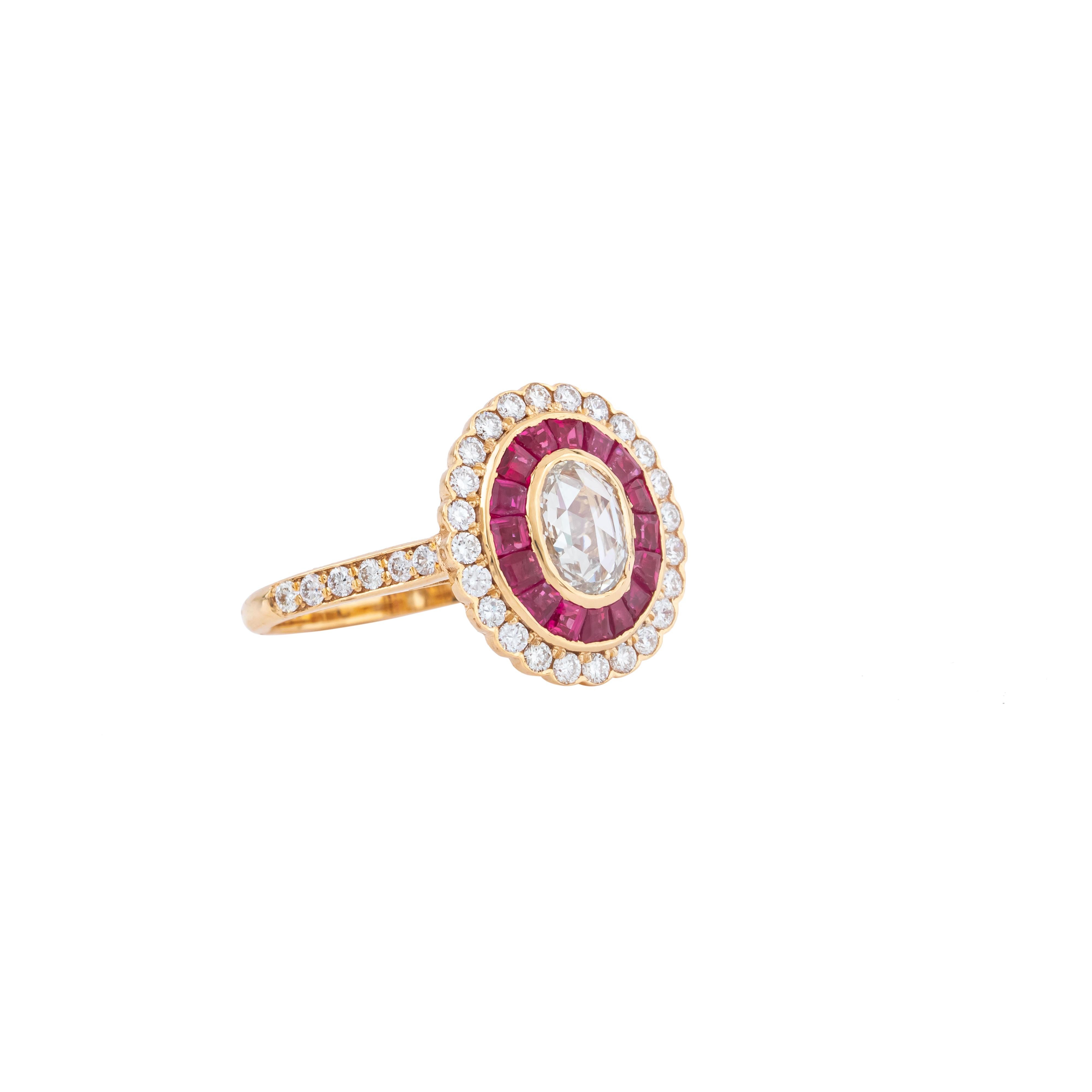 A blend of timeless elegance and contemporary design, the 18 Karat Gold Cocktail Ring features a 1.6 carat diamond and ruby ensemble that exudes sophistication. At its heart, a dazzling diamond commands attention with its brilliant cut and
