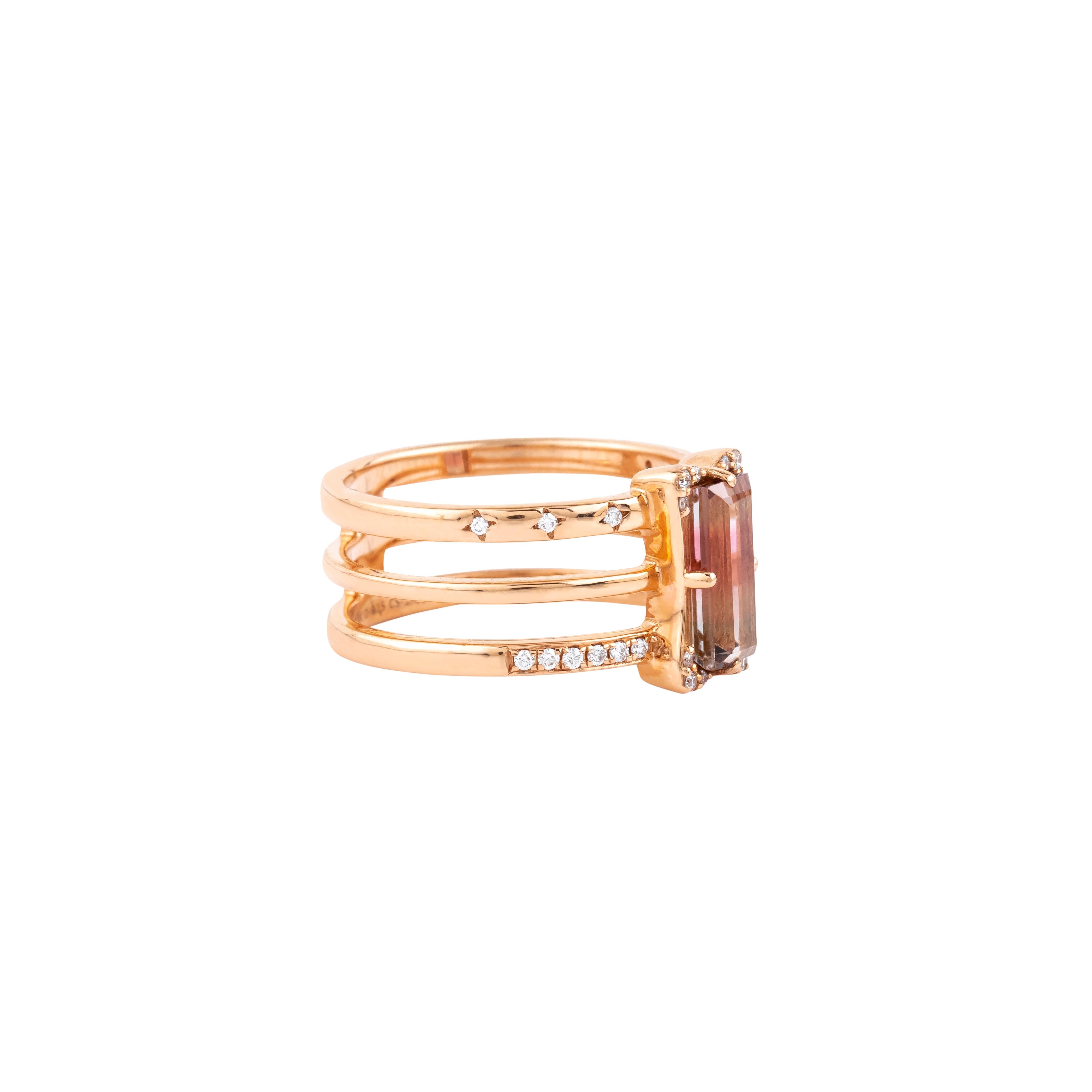 The 1.62-carat tourmaline takes the spotlight in this stunning fashion ring, radiating sophistication and charm through its expertly cut facets. Its unique geometric design creates an interplay of light and depth, making the gemstone shimmer with