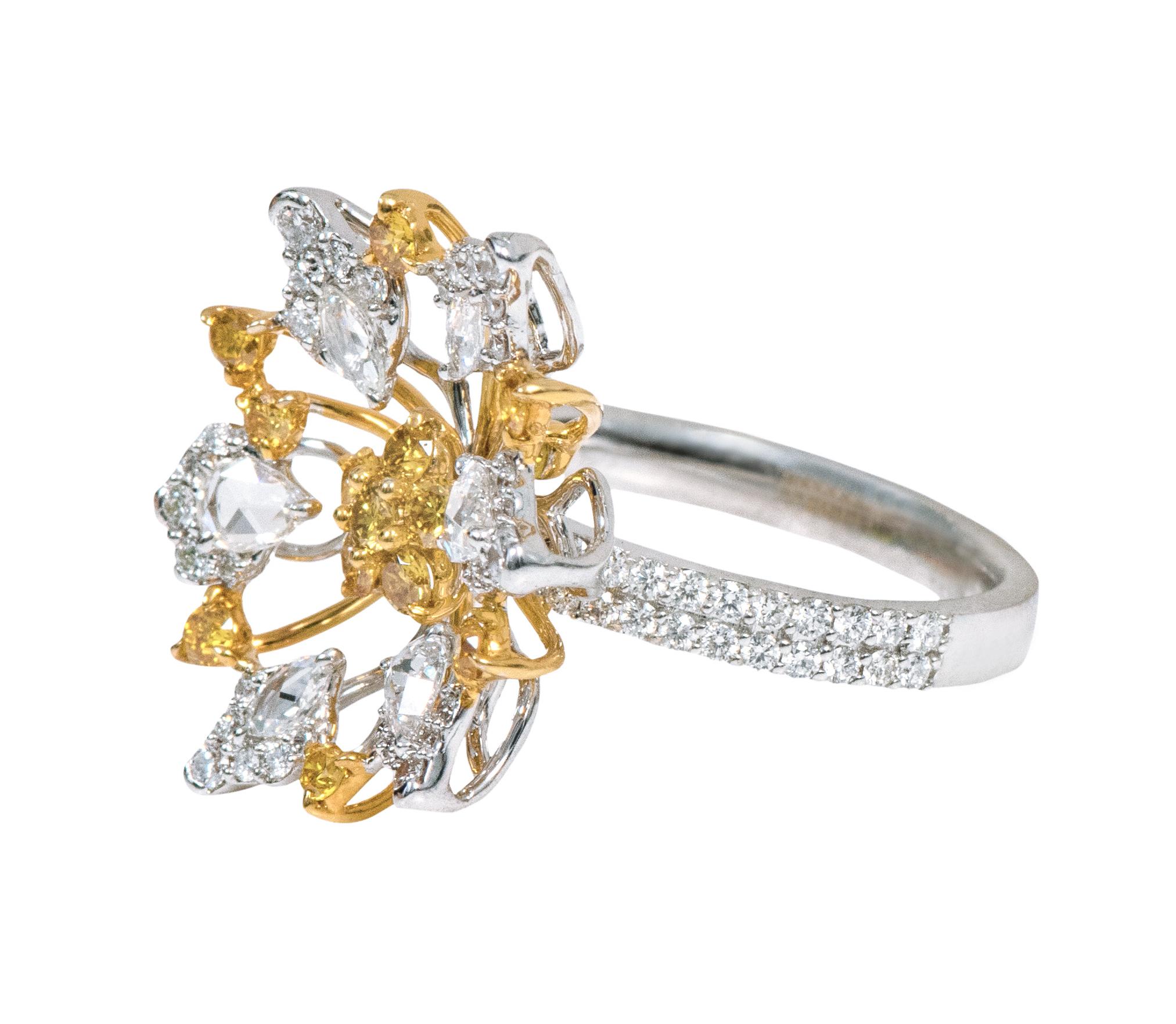 18 Karat Gold 1.62 Carat Yellow and White Diamond Cocktail Ring

This glorious canary yellow and white diamond flower cocktail ring is beyond exemplary. It shows our love for nature and its eminent beauty. The solitaire round canary yellow diamond