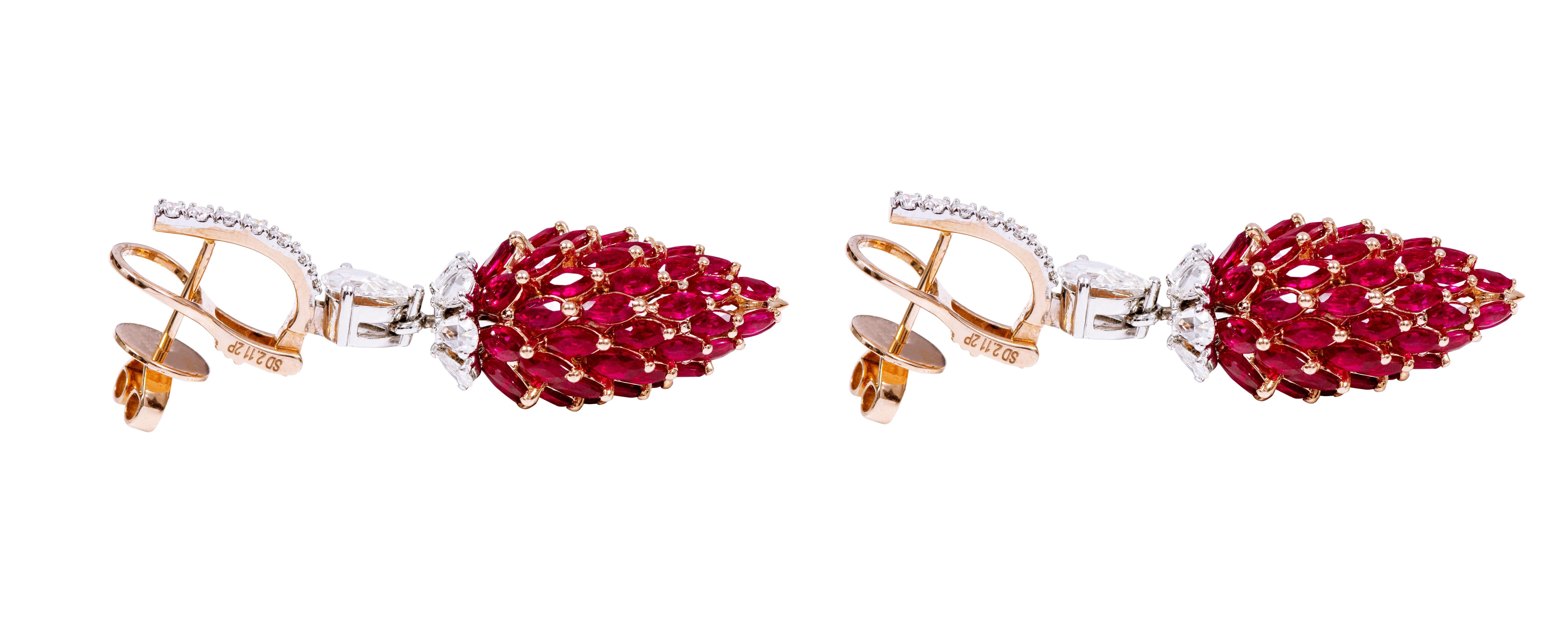 Contemporary 18 Karat Gold 16.77 Carat Pigeon-Blood Ruby and Diamond Drop Earrings For Sale