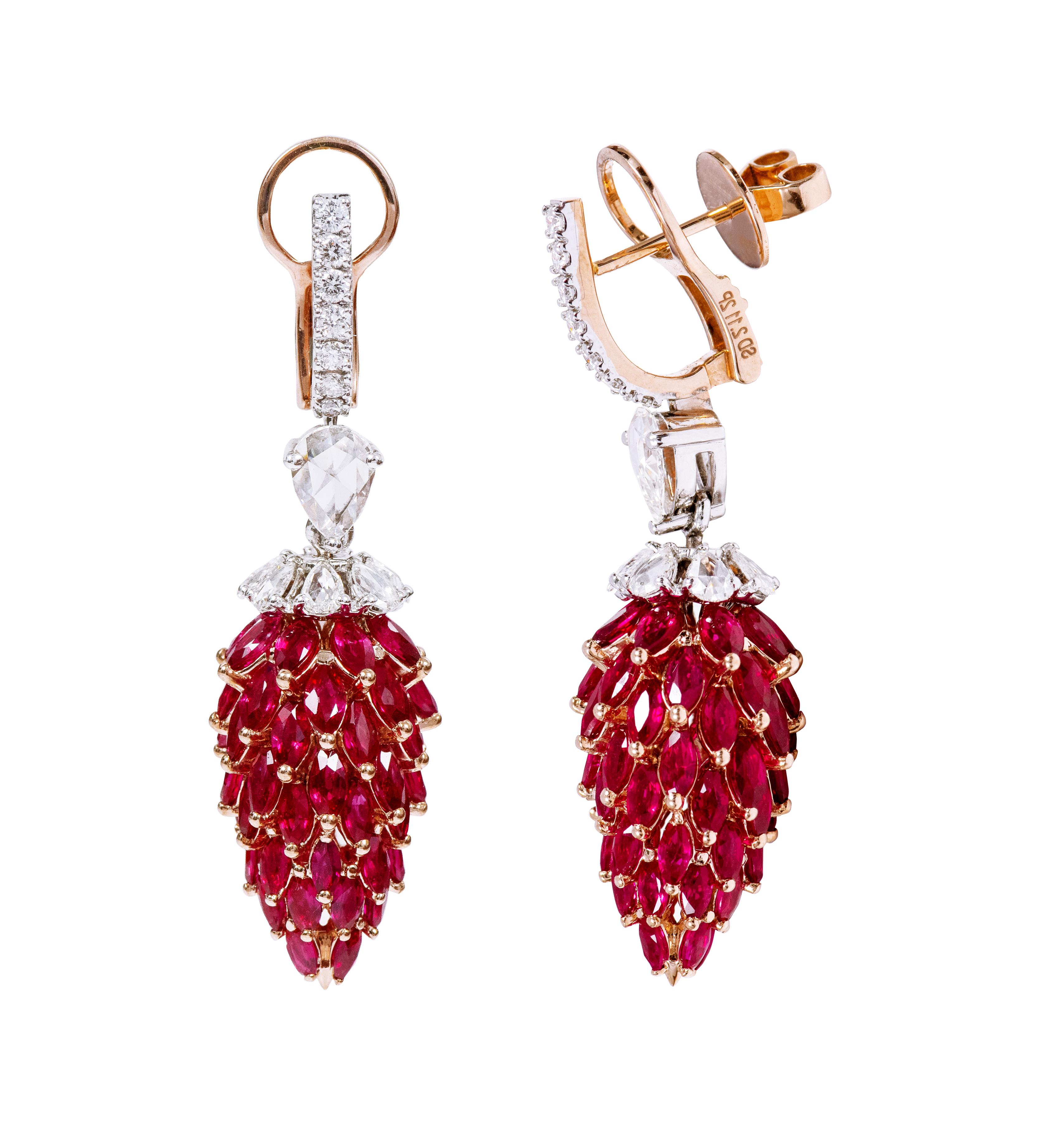 18 Karat Gold 16.77 Carat Pigeon-Blood Ruby and Diamond Drop Earrings In New Condition For Sale In Jaipur, IN