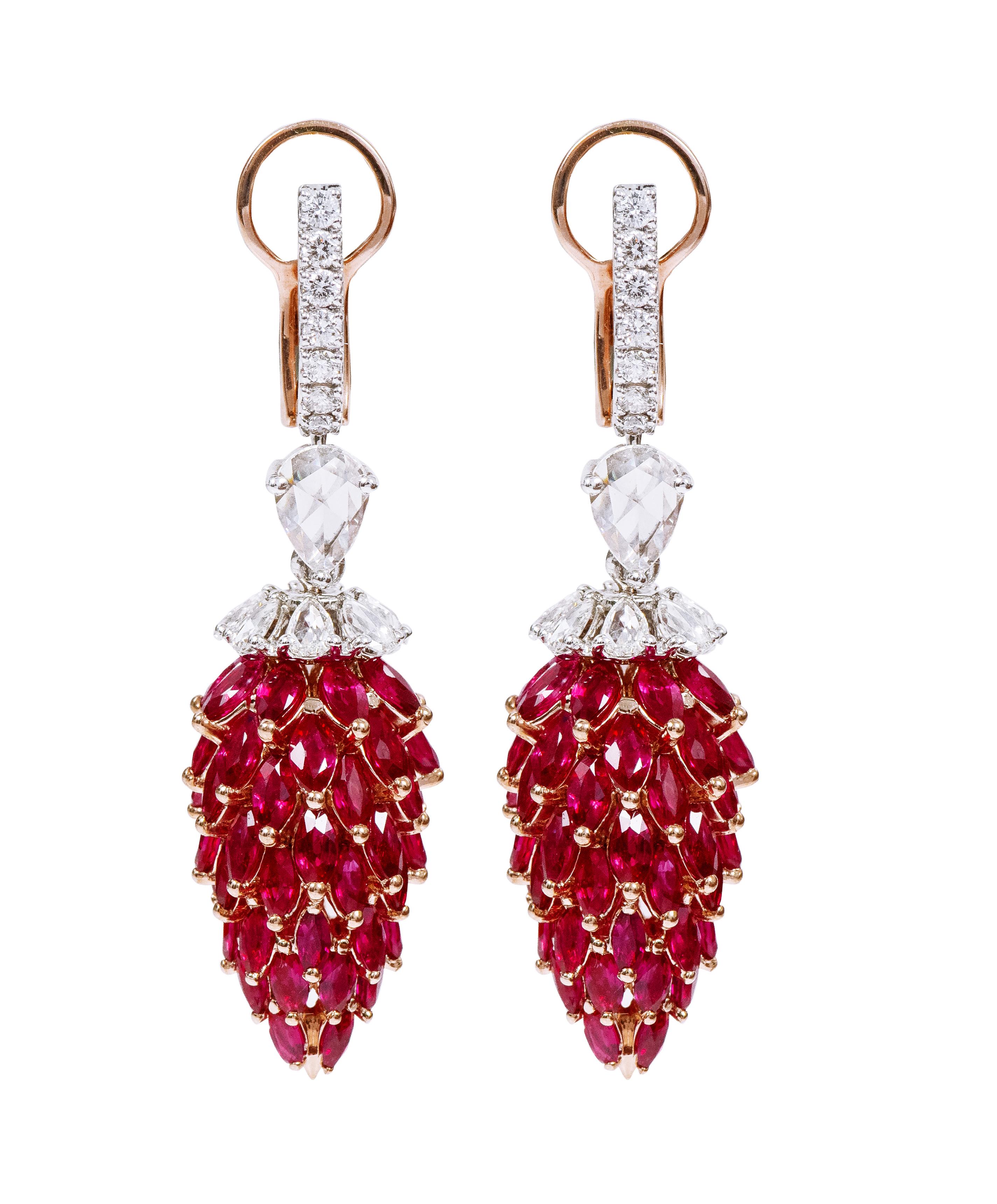 Women's 18 Karat Gold 16.77 Carat Pigeon-Blood Ruby and Diamond Drop Earrings For Sale
