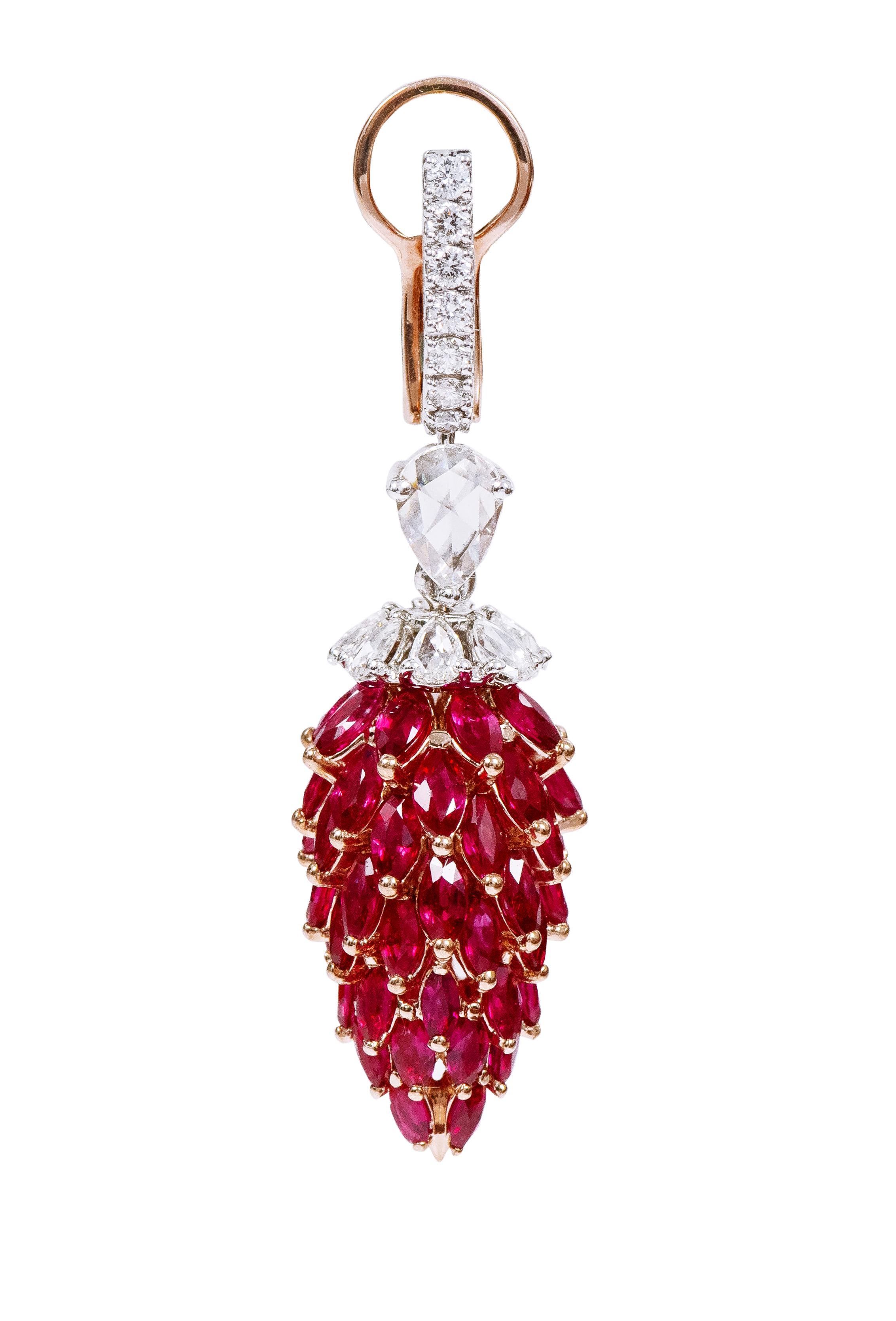 18 Karat Gold 16.77 Carat Pigeon-Blood Ruby and Diamond Drop Earrings For Sale 1