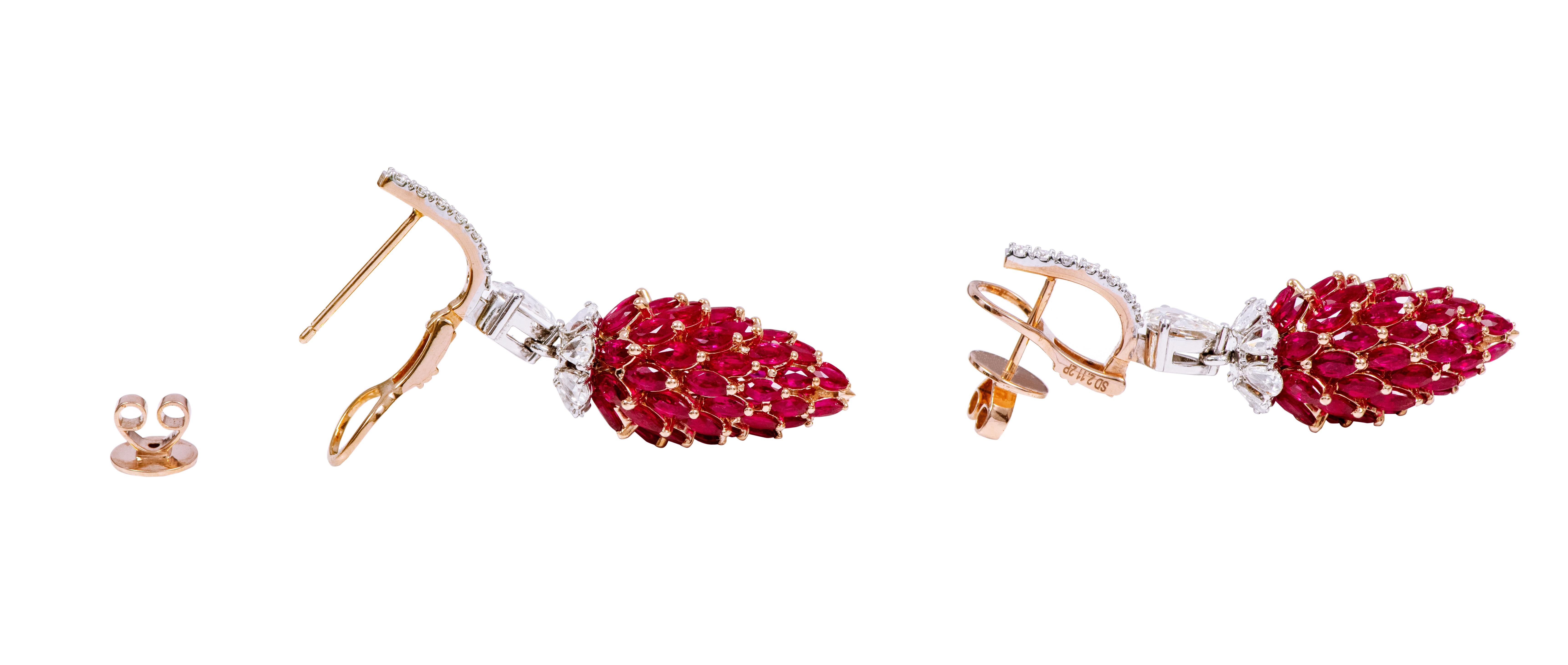 18 Karat Gold 16.77 Carat Pigeon-Blood Ruby and Diamond Drop Earrings For Sale 2