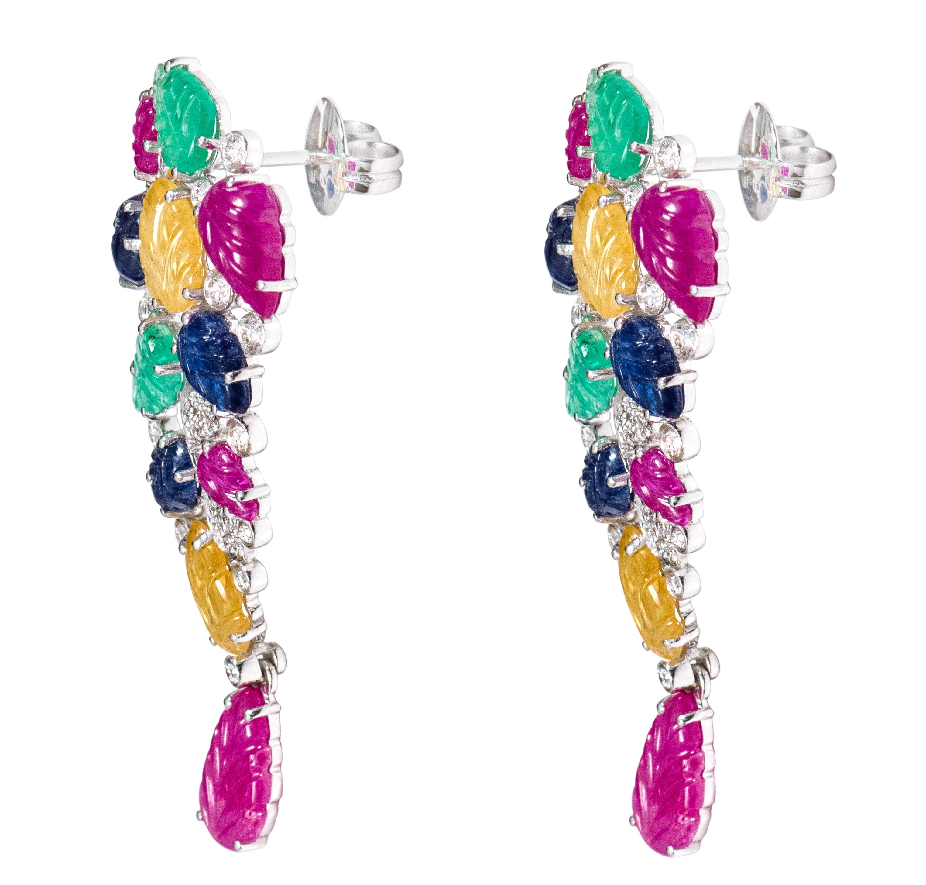 Cabochon 18 Karat Gold 17.07 Carat Diamond and Carved Ruby, Sapphire, and Emerald Earring For Sale