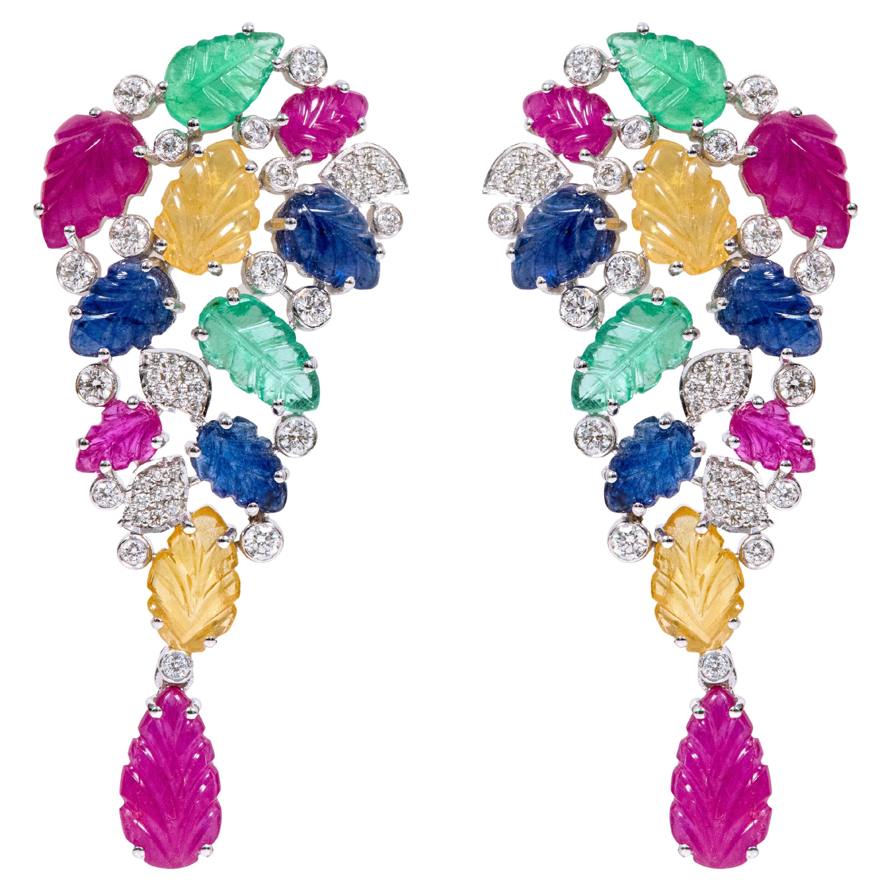 18 Karat Gold 17.07 Carat Diamond and Carved Ruby, Sapphire, and Emerald Earring For Sale
