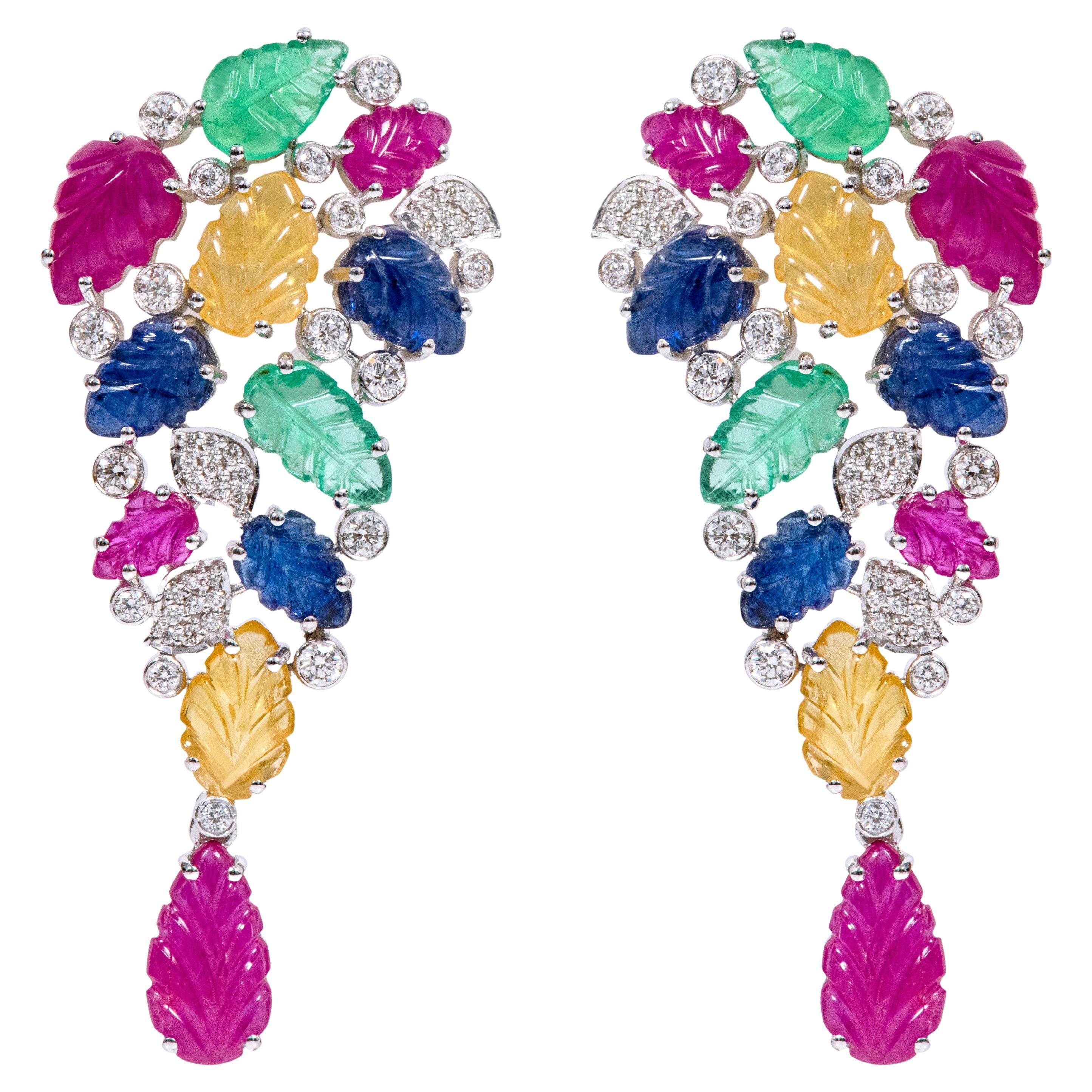 18 Karat Gold 17.07 Carat Diamond and Carved Ruby, Sapphire, and Emerald Earring For Sale