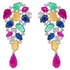 18 Karat Gold 17.07 Carat Diamond and Carved Ruby, Sapphire, and Emerald Earring