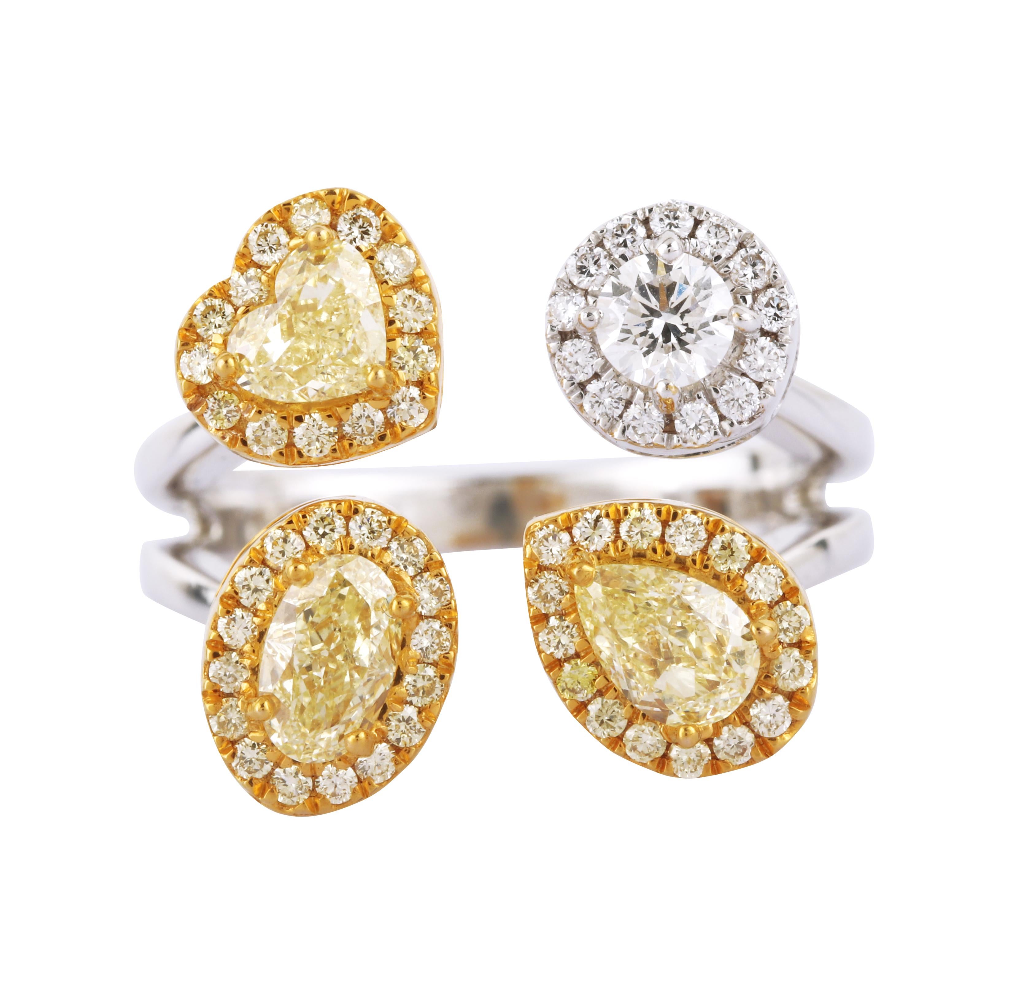 18 Karat Gold 1.73 Carat White and Fancy Yellow Diamond Cocktail Ring In New Condition For Sale In Jaipur, IN