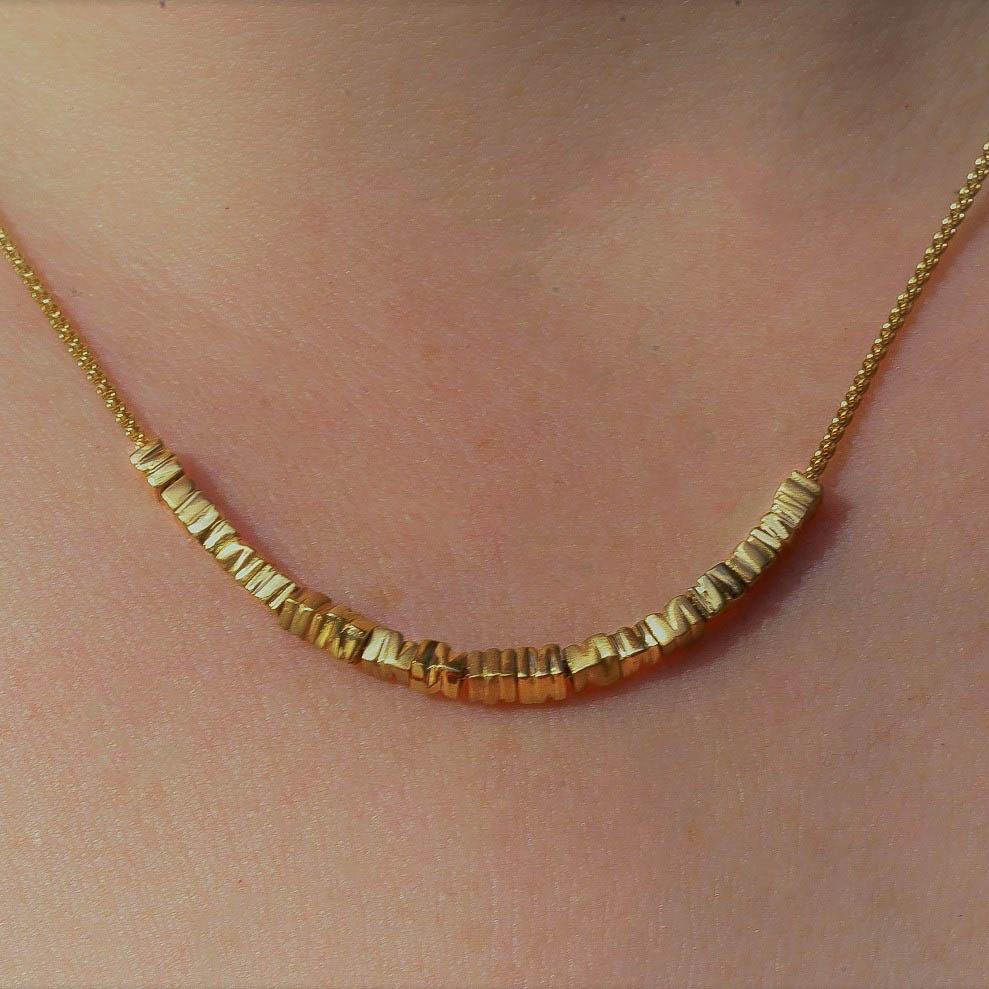 18k Gold Beads Necklace, Contemporary Unique Necklace, Smashed Beads, Bridal gold Jewelry,  minimalist necklace gold, Fine Jewelry.
Elegant delicate handmade contemporary 18 smashed beads on an 18k Spiga chain.
A beautiful necklace, modern and