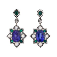 18 Karat Gold 18.7 Carat Royal Tanzanite, Emerald and Diamond Moonstone Earnings