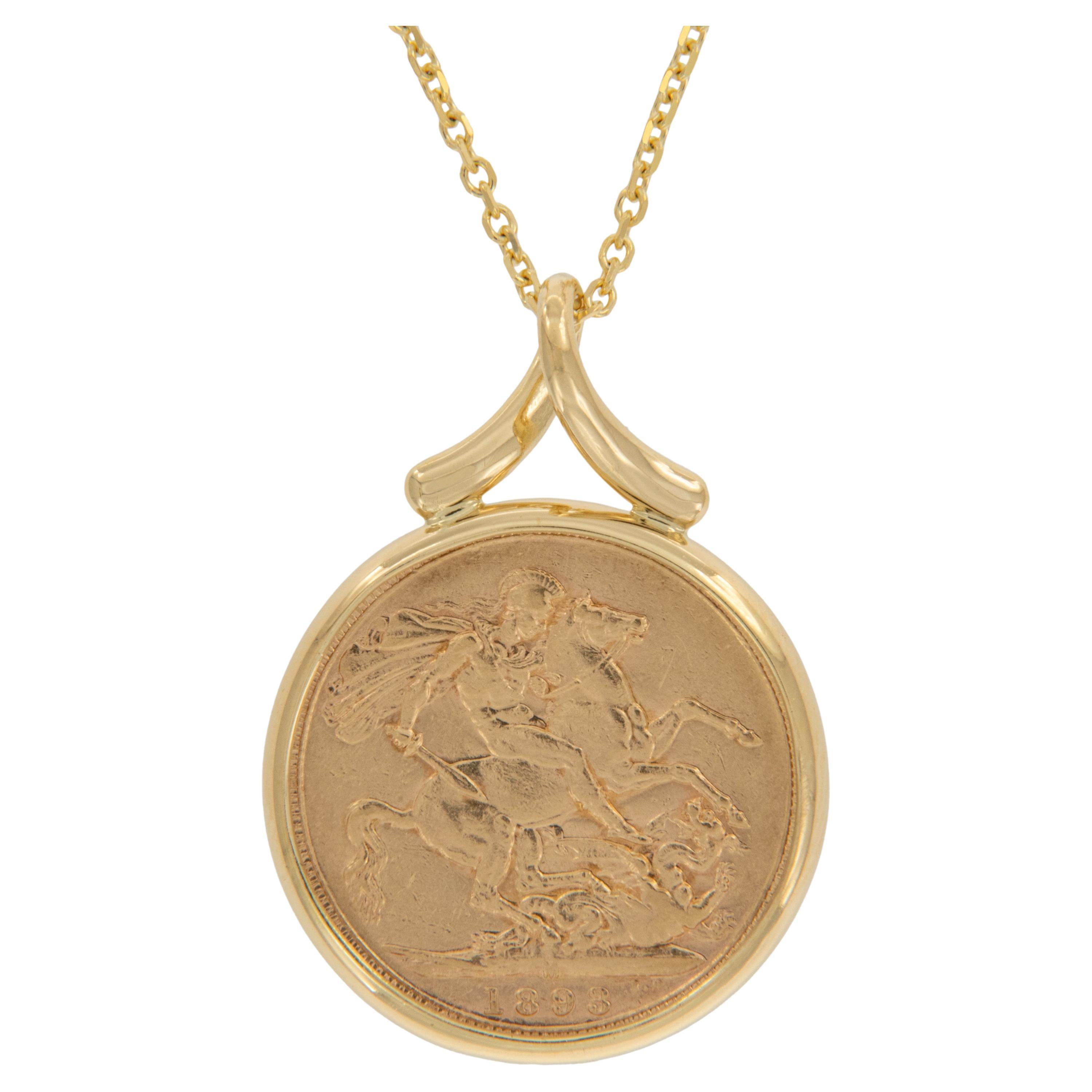 18 Karat Gold 1893 Gold Sovereign Victoria Coin Necklace by Michael Bondanza For Sale