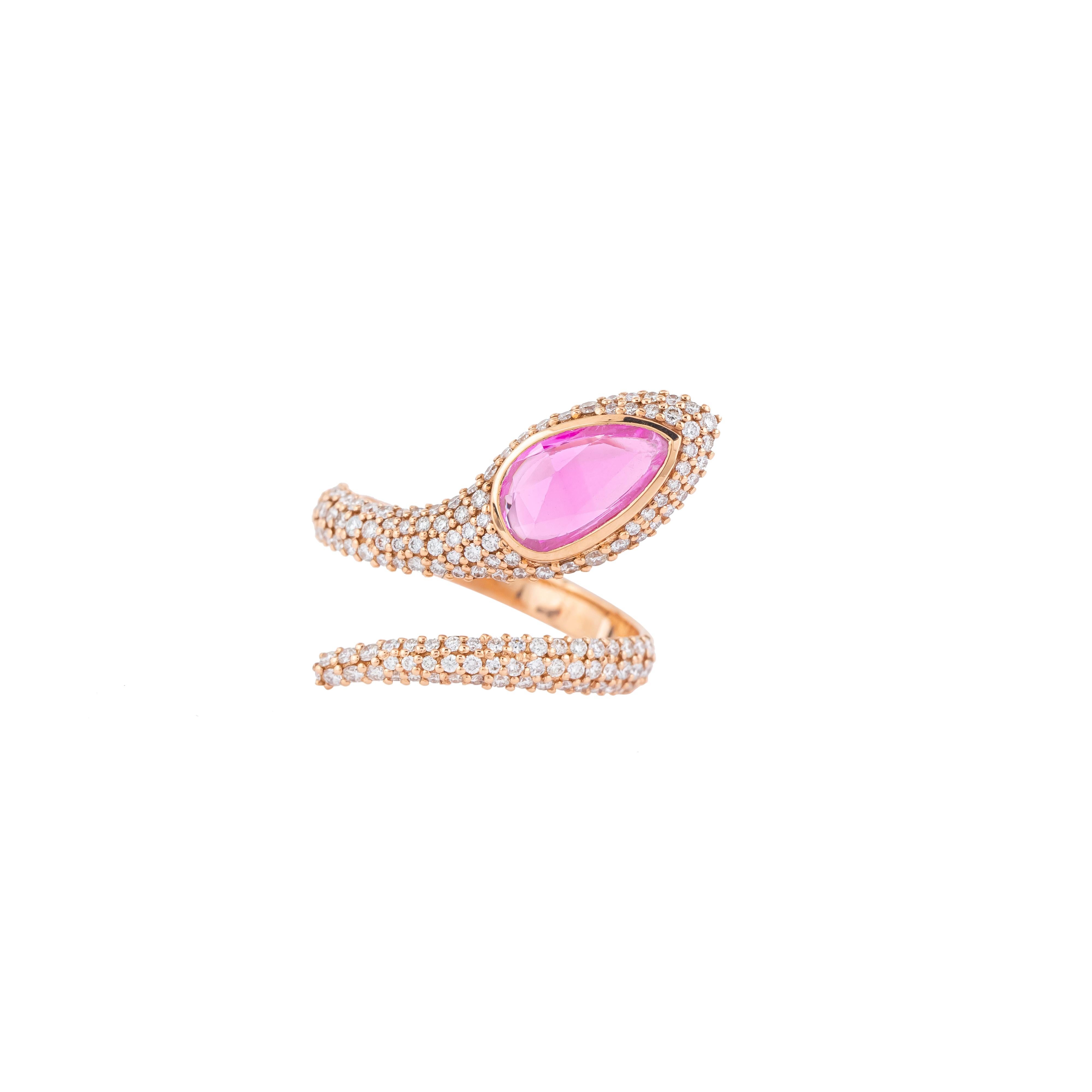 Immerse yourself in the world of luxury with our 18 Karat Gold 1.94 Carat Diamond and Pink Sapphire Cocktail Ring – a breathtaking fusion of sophistication and glamour. Crafted with precision and care, each ring is a unique masterpiece, meticulously