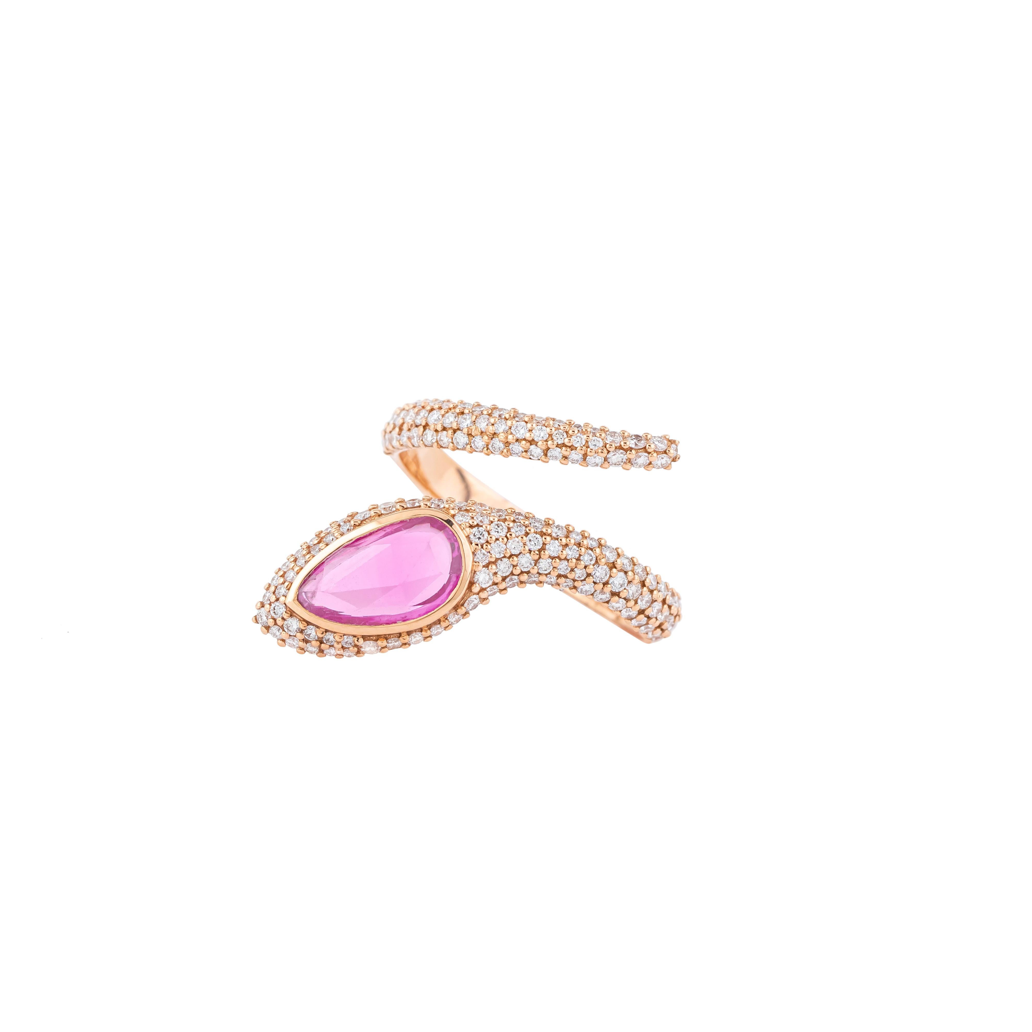 Pear Cut 18 Karat Gold 1.94 Carat Diamond and Pink Sapphire Cocktail Ring For Sale