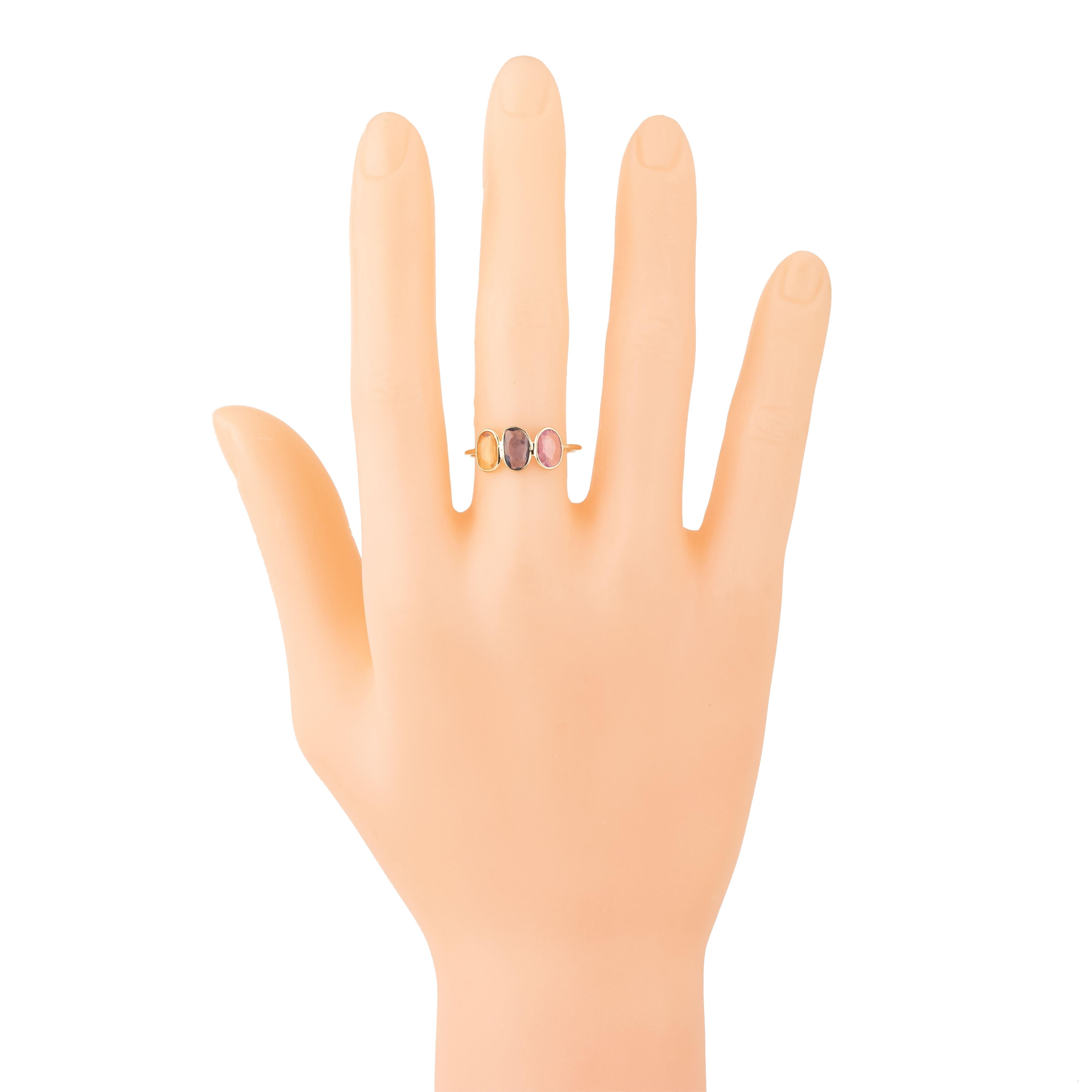 Women's 18 Karat Gold 1.95 Carat Multi-Sapphire Three Stone Ring For Sale