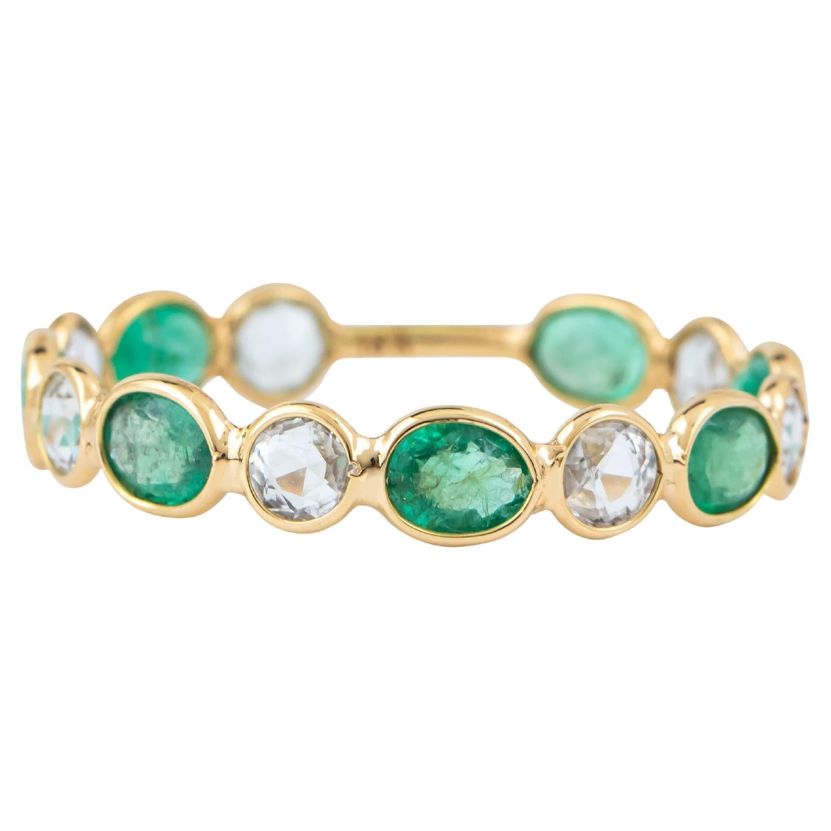 18 Karat Gold 1.95 Carat White Sapphires and Emerald Eternity Ring For Sale