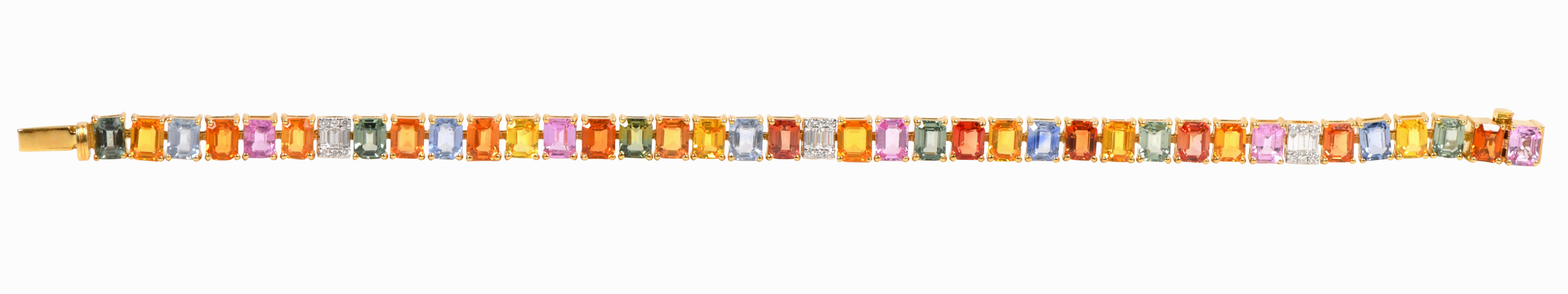 18 Karat Yellow Gold 19.56 Carats Rainbow Color Multi-Sapphire and Diamond Tennis Bracelet

Straight out of a colorful reverie, this multicolored bracelet is perfectly crafted and exudes modern-day elegance. Featuring a dynamic silhouette, each