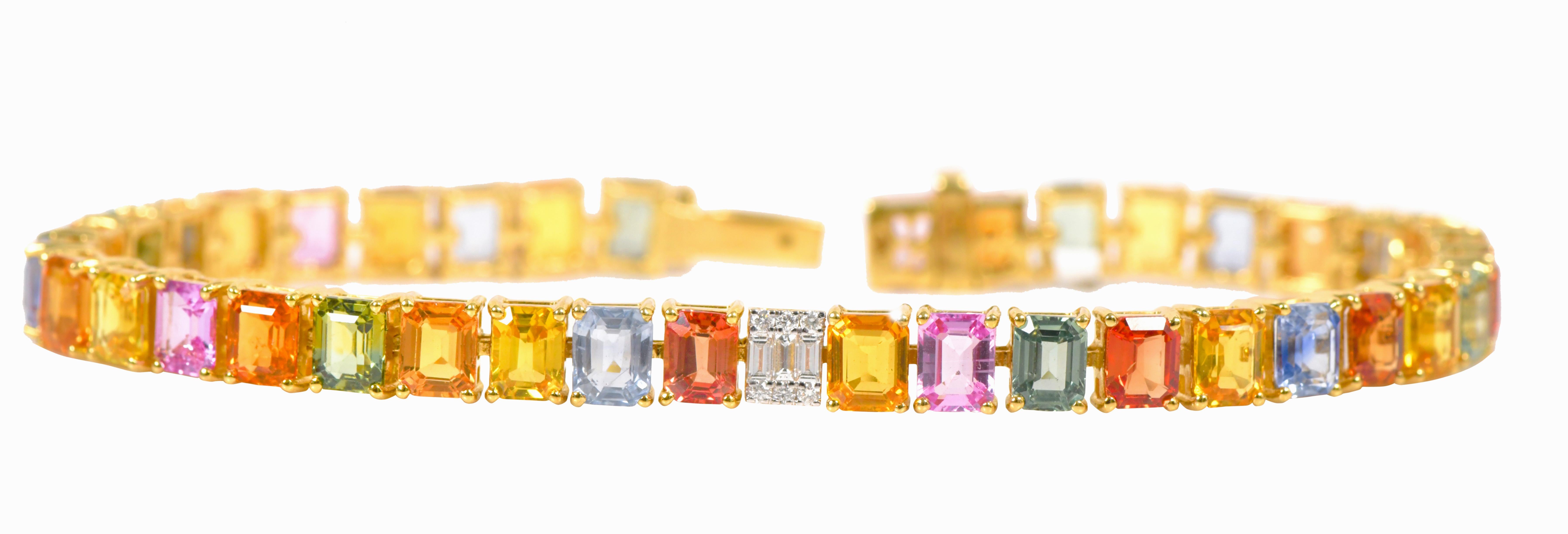 Moderne Bracelet tennis en or 18 carats avec saphirs multicolores arc-en-ciel et diamants 19,56 carats en vente