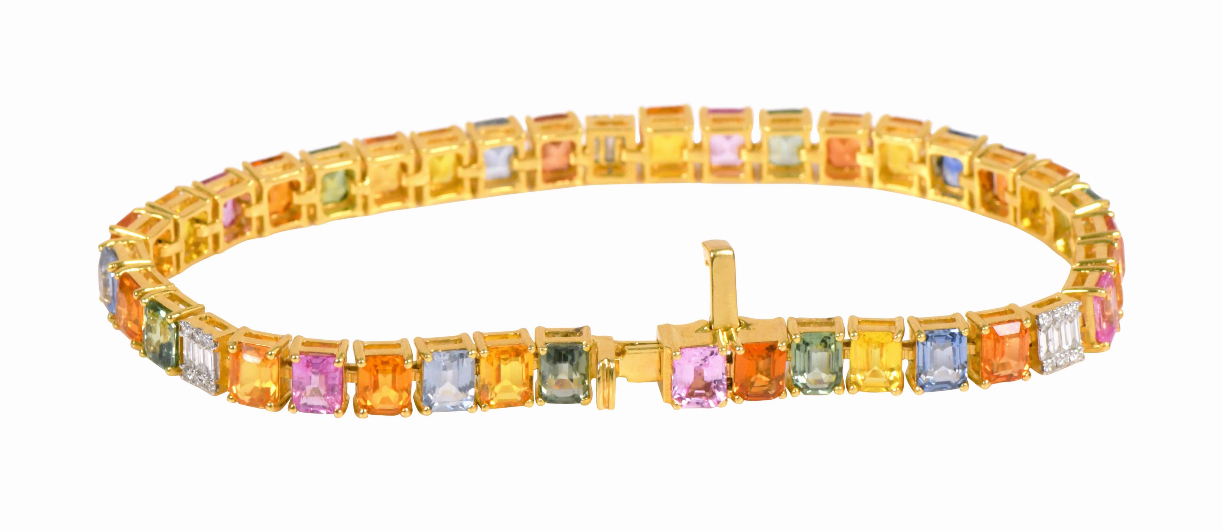 Modern 18 Karat Gold 19.56 Carats Rainbow Multi-Sapphire and Diamond Tennis Bracelet For Sale