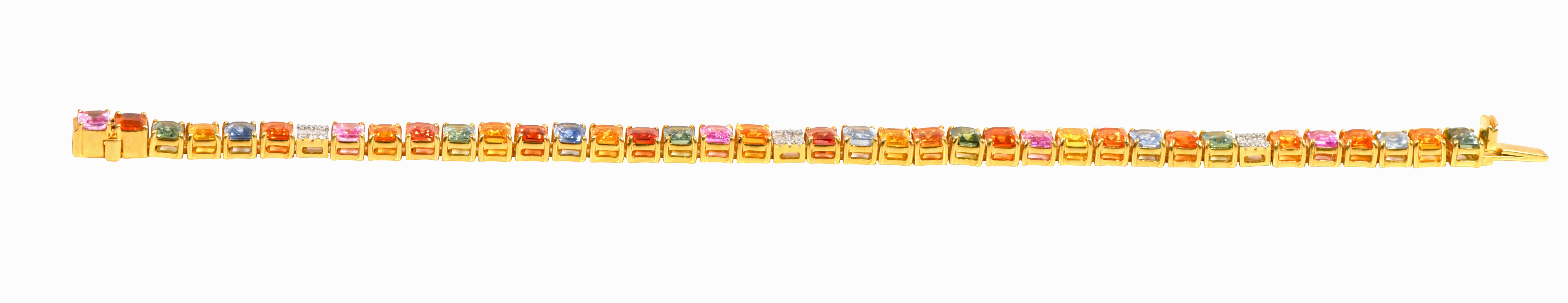 18 Karat Gold 19.56 Carats Rainbow Multi-Sapphire and Diamond Tennis Bracelet In New Condition For Sale In Jaipur, IN