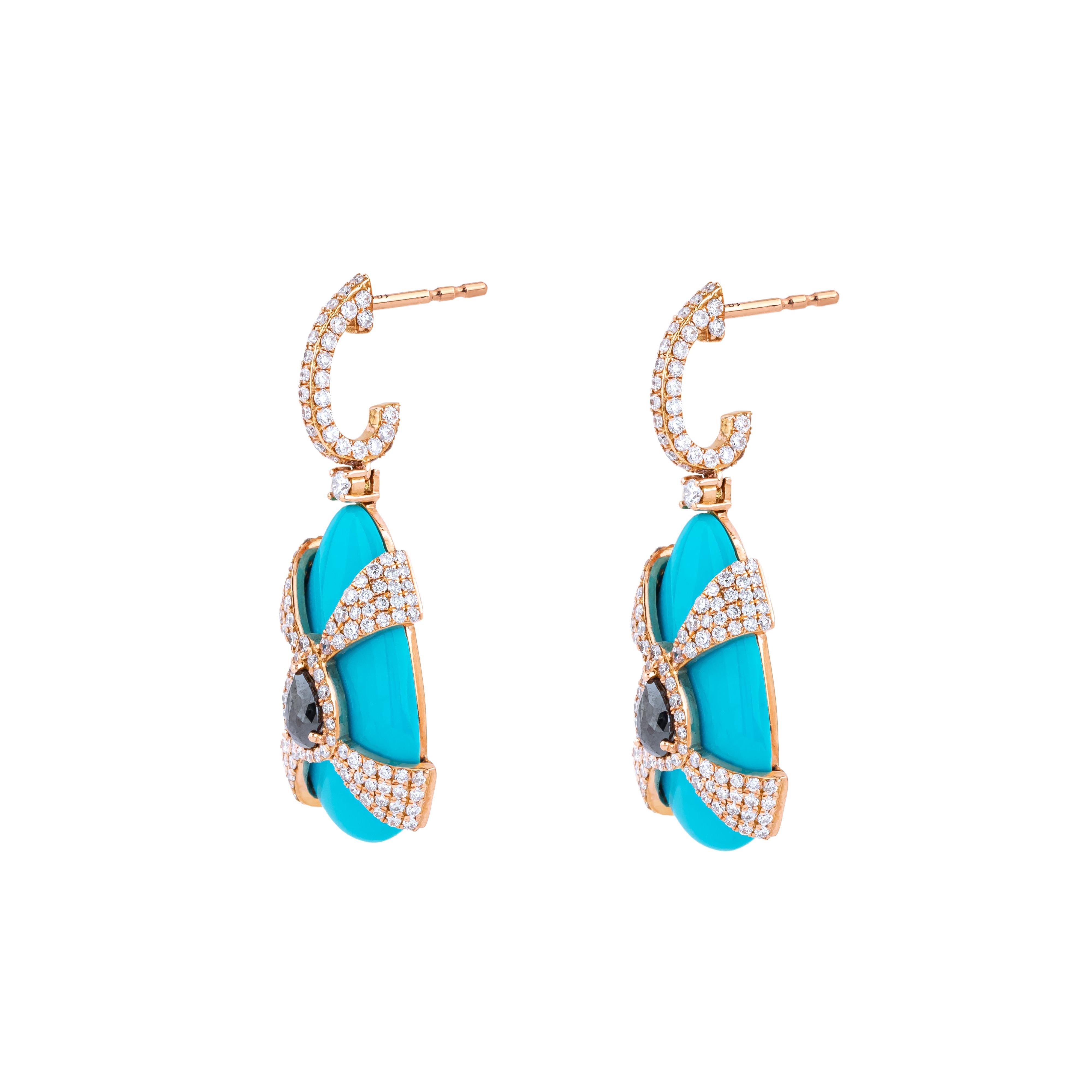 Unveil an exquisite blend of elegance and boldness with the 18 Karat Gold 19.8 Carat Diamond, Black Diamond, and Turquoise Cocktail Earrings. These uniquely crafted pieces are curated to offer a stunning balance of sophistication and vibrant color,