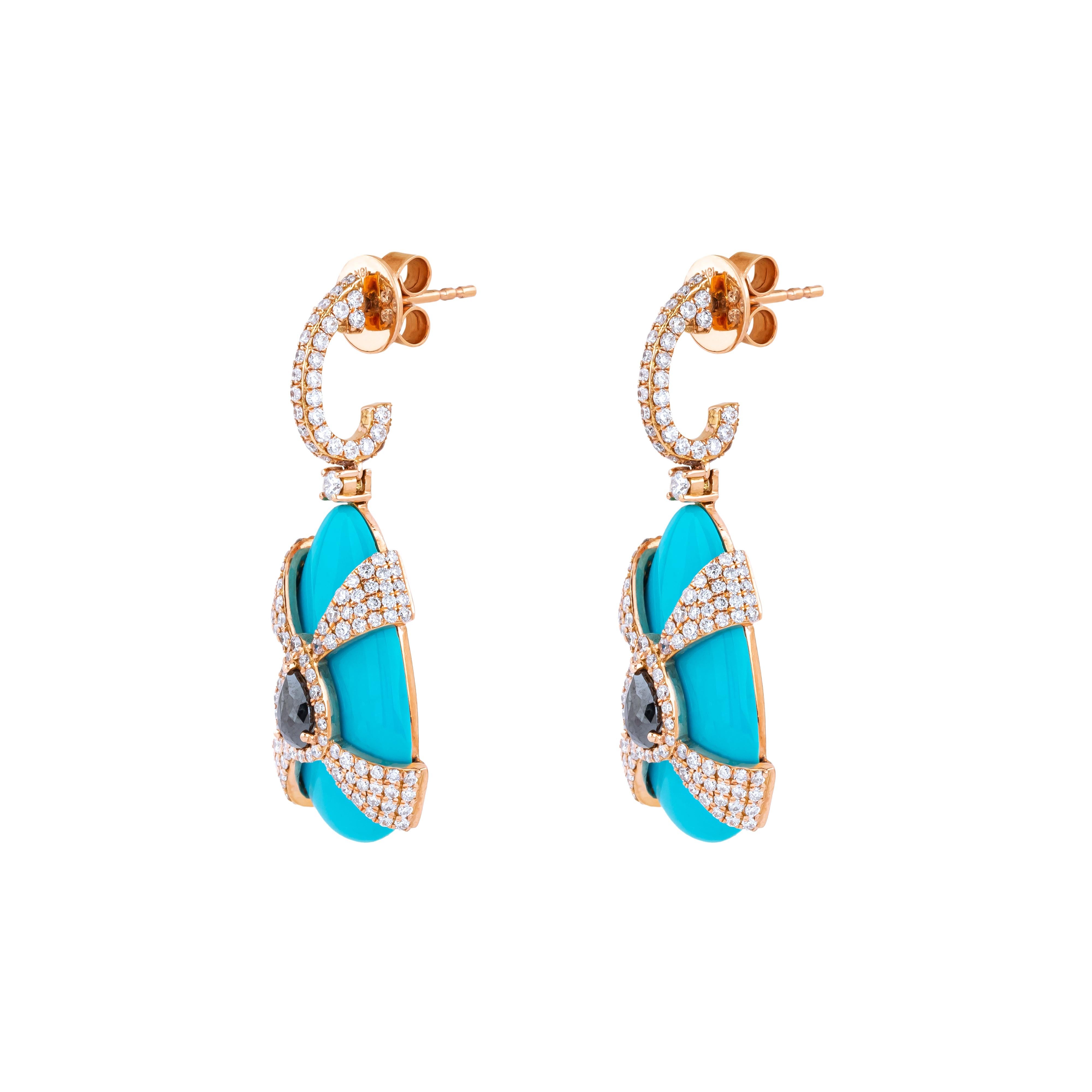 Brilliant Cut 18 Karat Gold 19.8 Carat Diamond, Black Diamond and Turquoise Cocktail Earrings For Sale