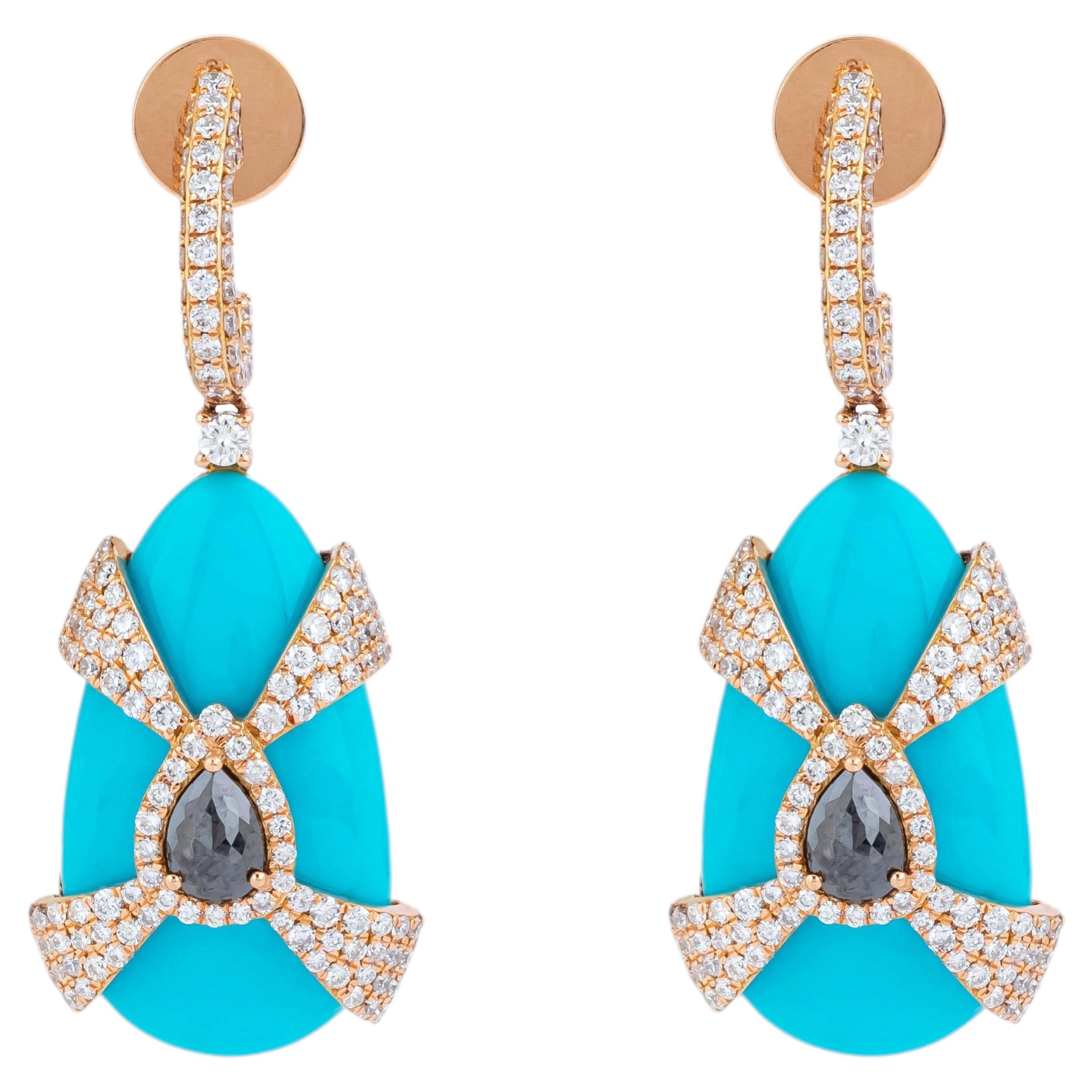 Boucles d'oreilles cocktail en or 18 carats, diamants 19,8 carats, diamants noirs et turquoise en vente