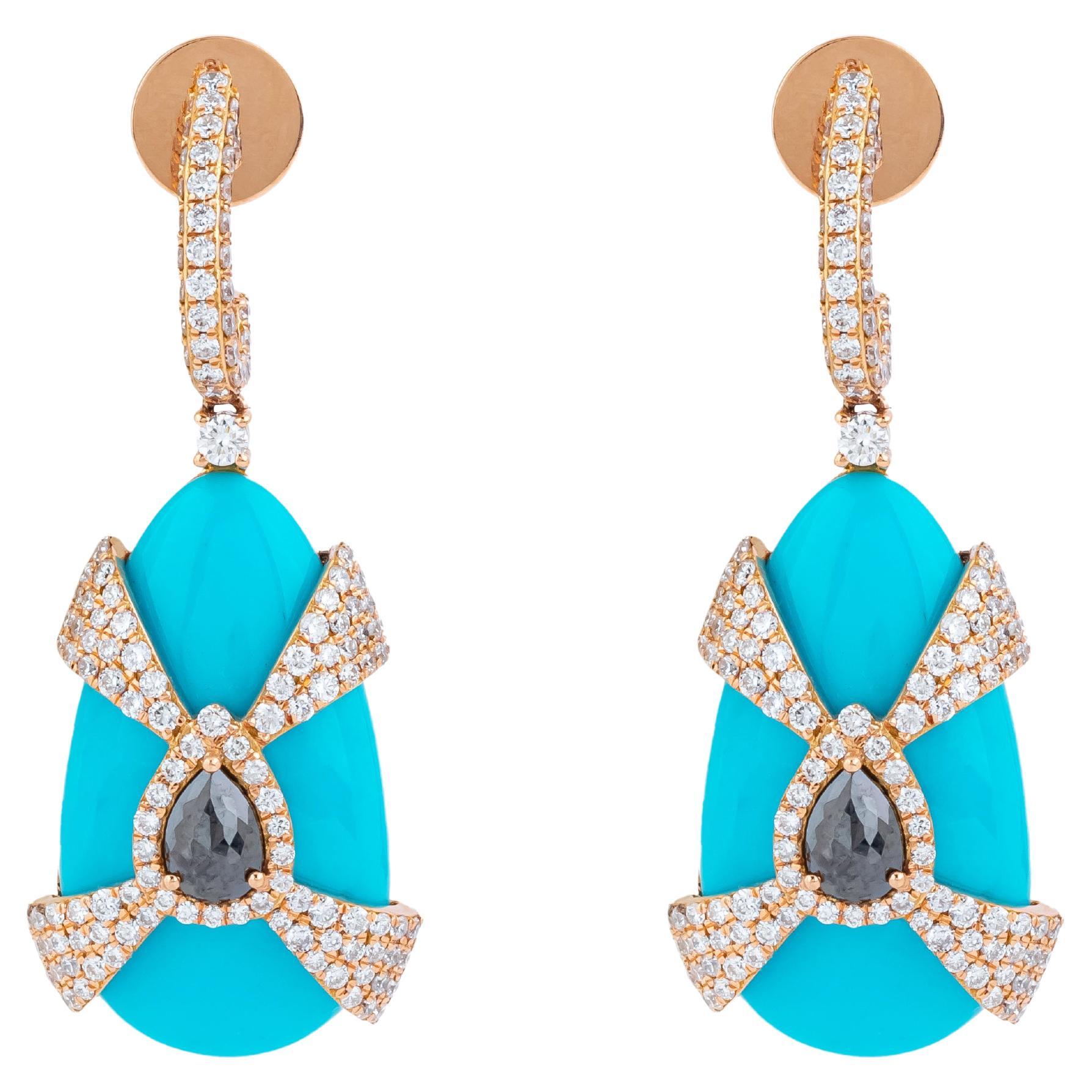 18 Karat Gold 19.8 Carat Diamond, Black Diamond and Turquoise Cocktail Earrings For Sale