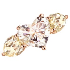 18 Karat Gold 2 Carat Heart Shape and 2.88 Carat Rose-Cut Diamond Trilogy Ring