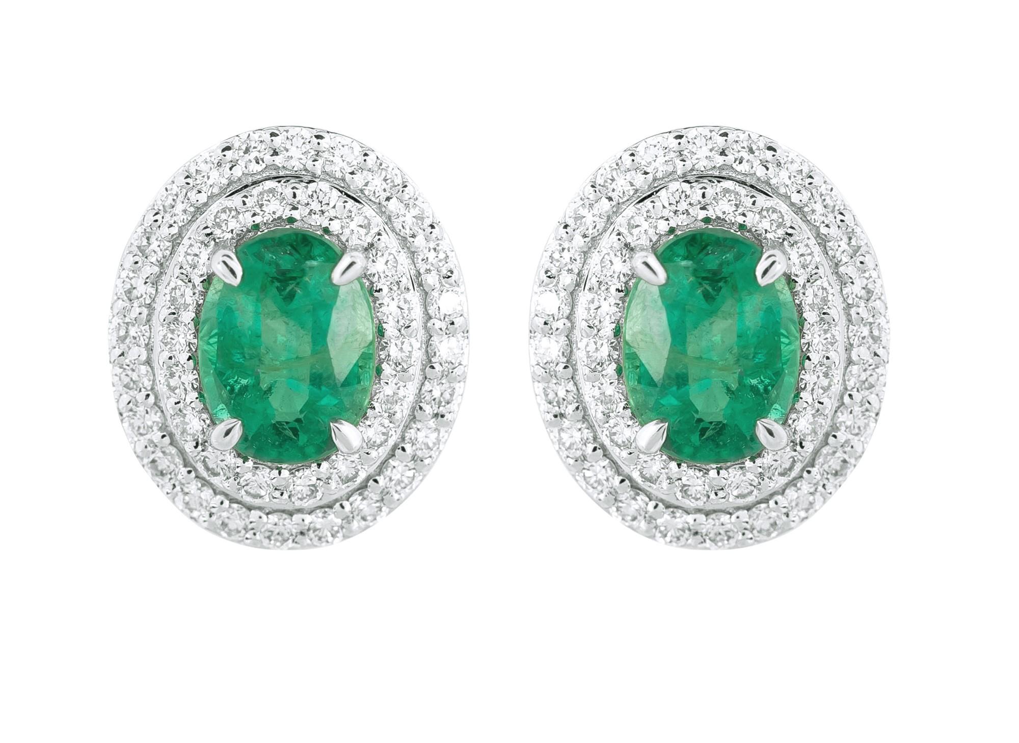 Women's 18 Karat Gold 2.04 Carat Diamond and Emerald Solitaire Stud Earrings For Sale