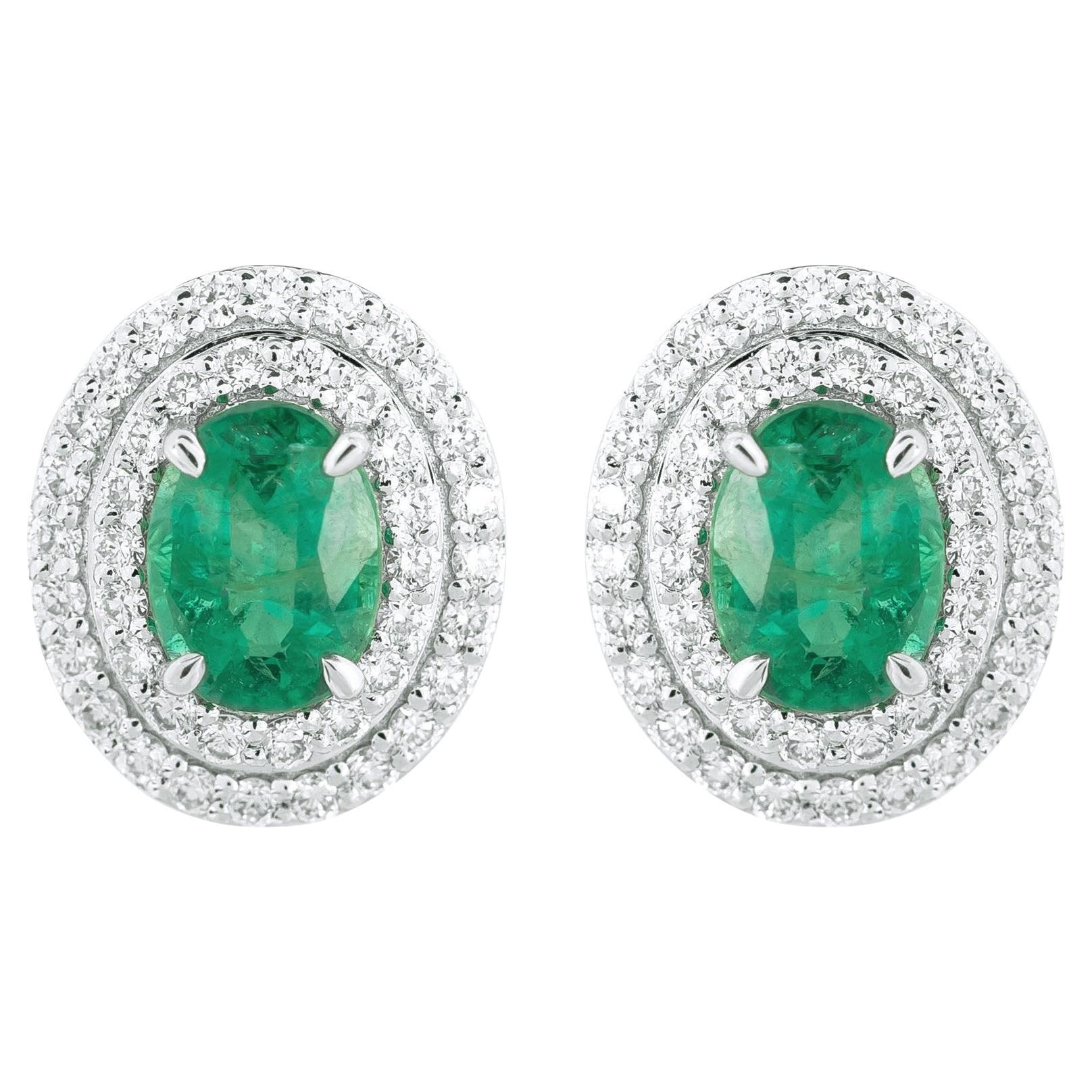 18 Karat Gold 2.04 Carat Diamond and Emerald Solitaire Stud Earrings For Sale