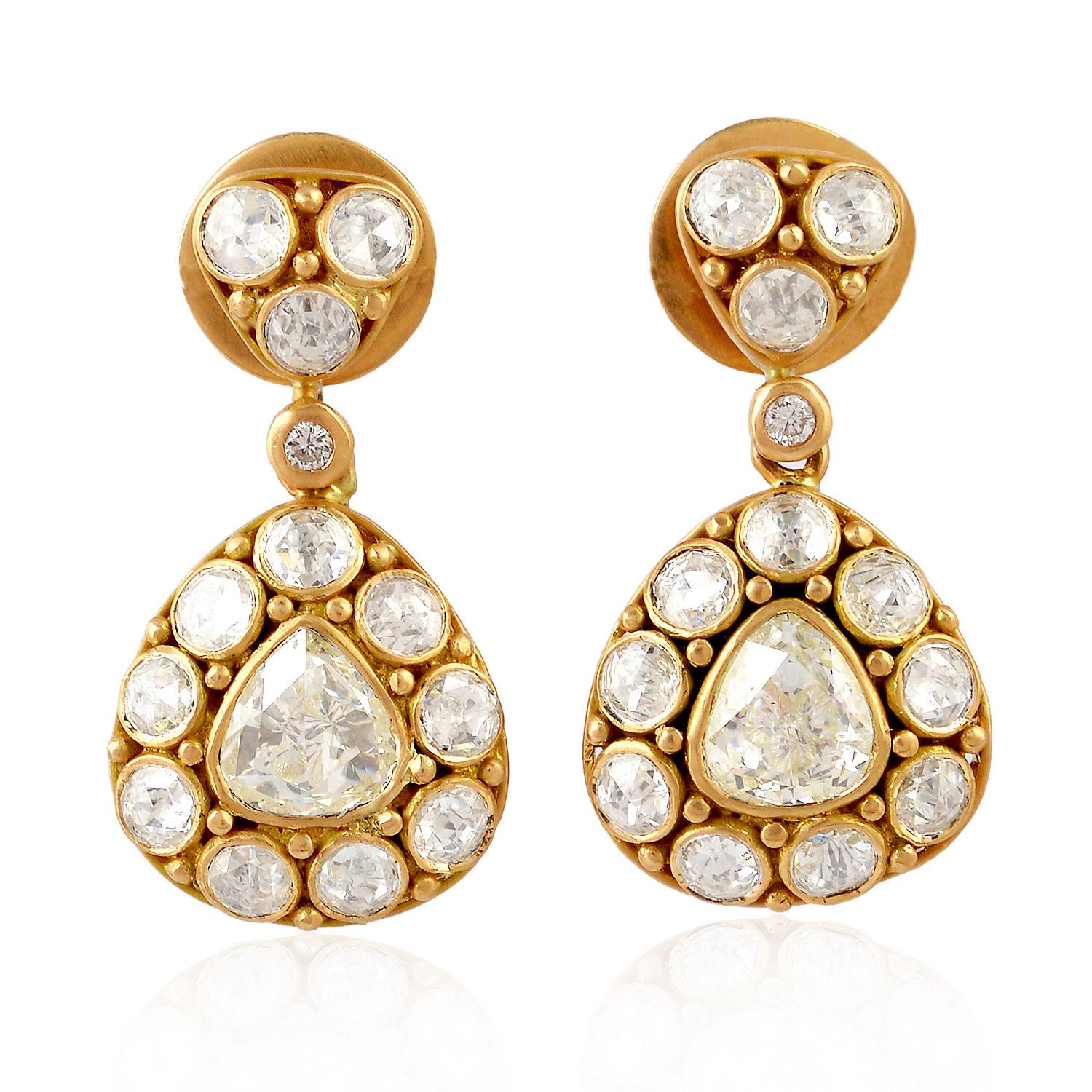 18 Karat Gold 2.13 Carat Rose Cut Diamond Drop Earrings In New Condition For Sale In Hoffman Estate, IL
