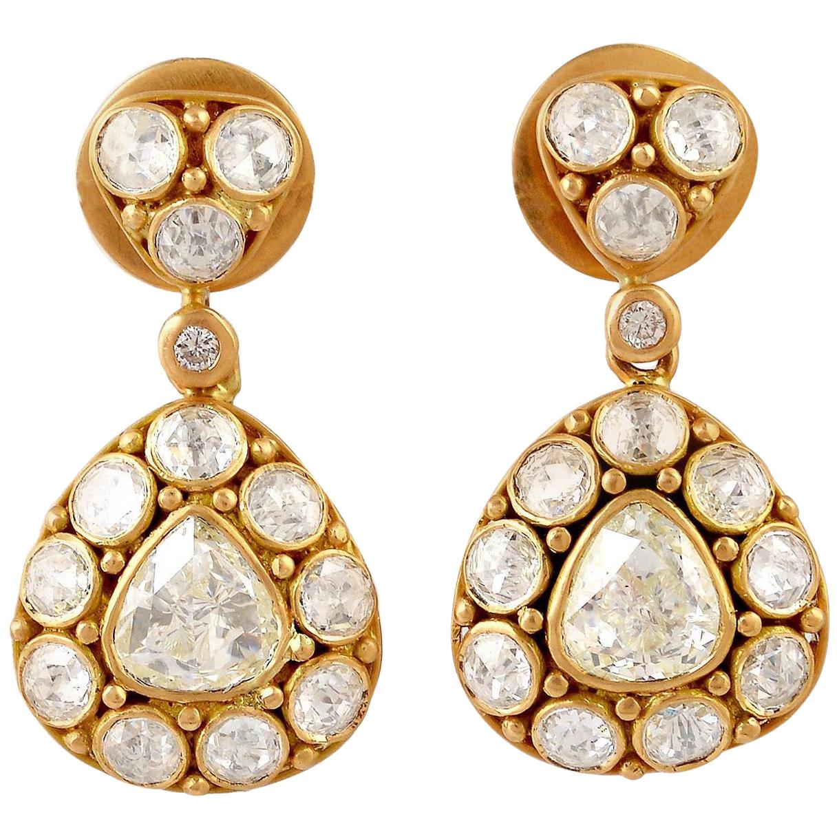 18 Karat Gold 2.13 Carat Rose Cut Diamond Drop Earrings For Sale